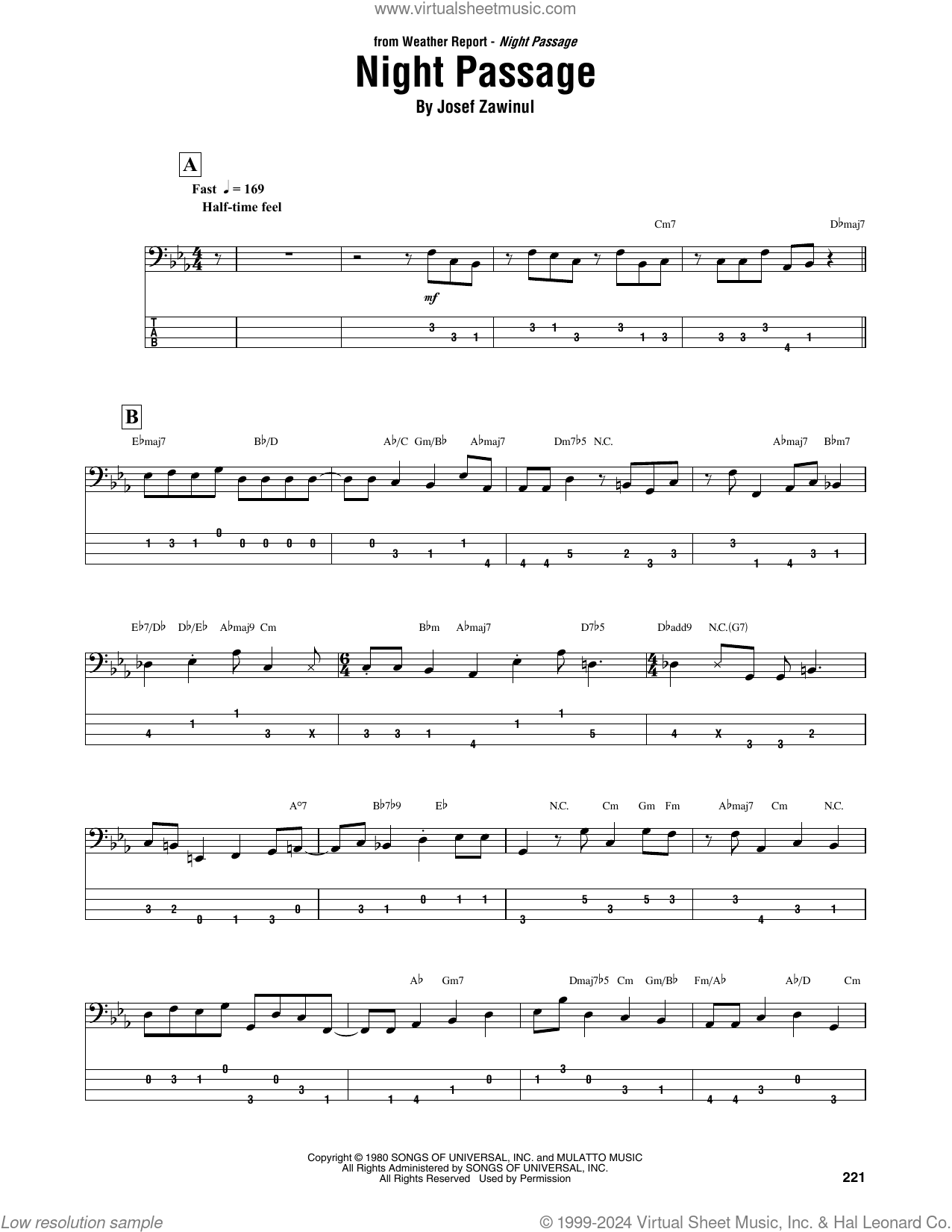 Night Passage sheet music for bass (tablature) (bass guitar)