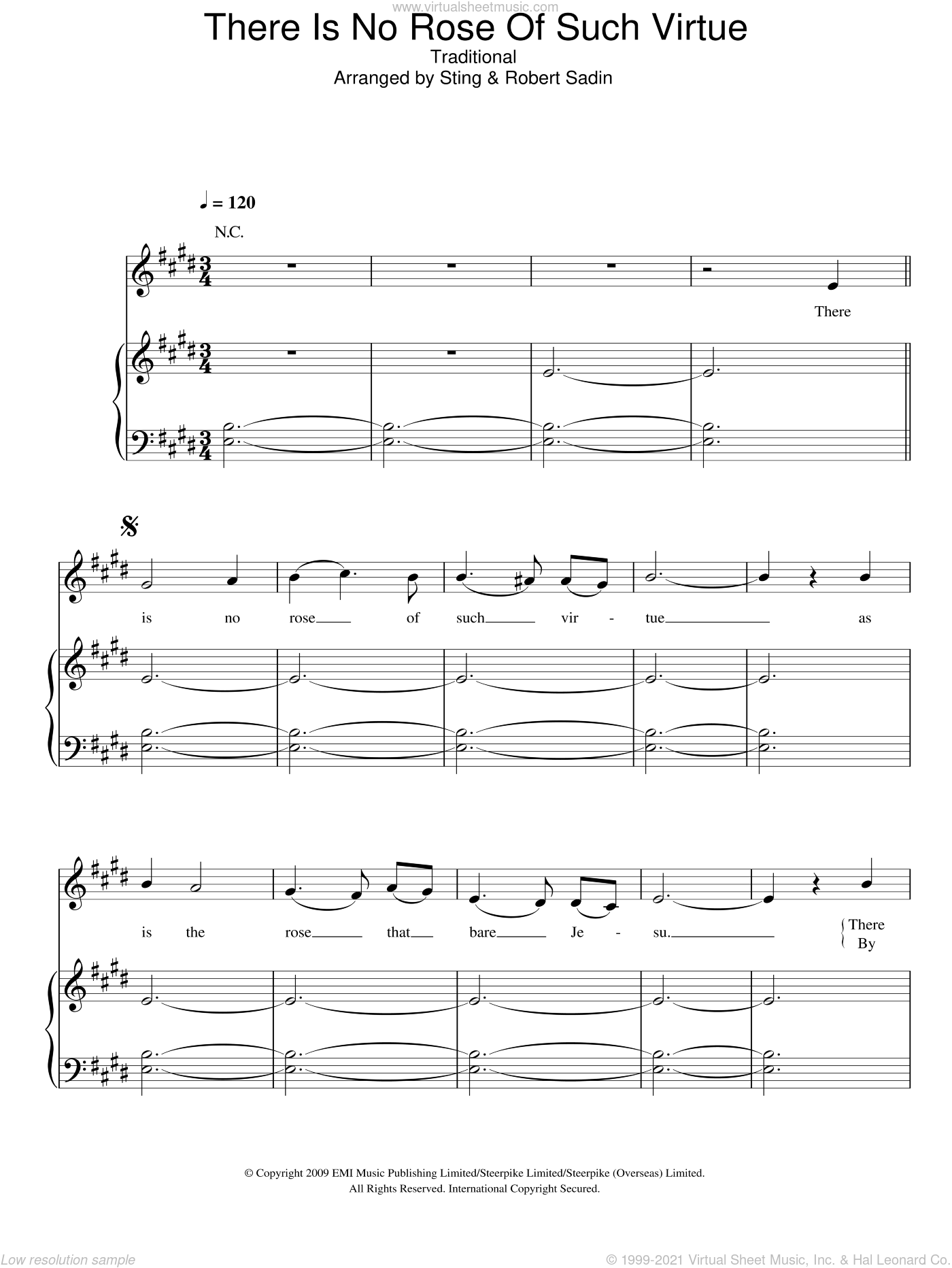 Sting - There Is No Rose Of Such Virtue sheet music for voice, piano or ...