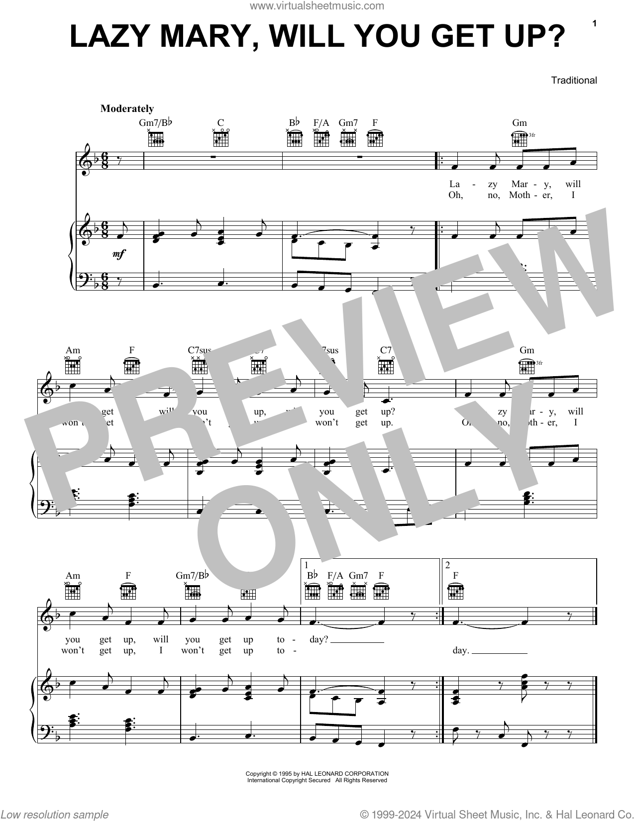 Lazy Mary, Will You Get Up? sheet music for voice, piano or guitar