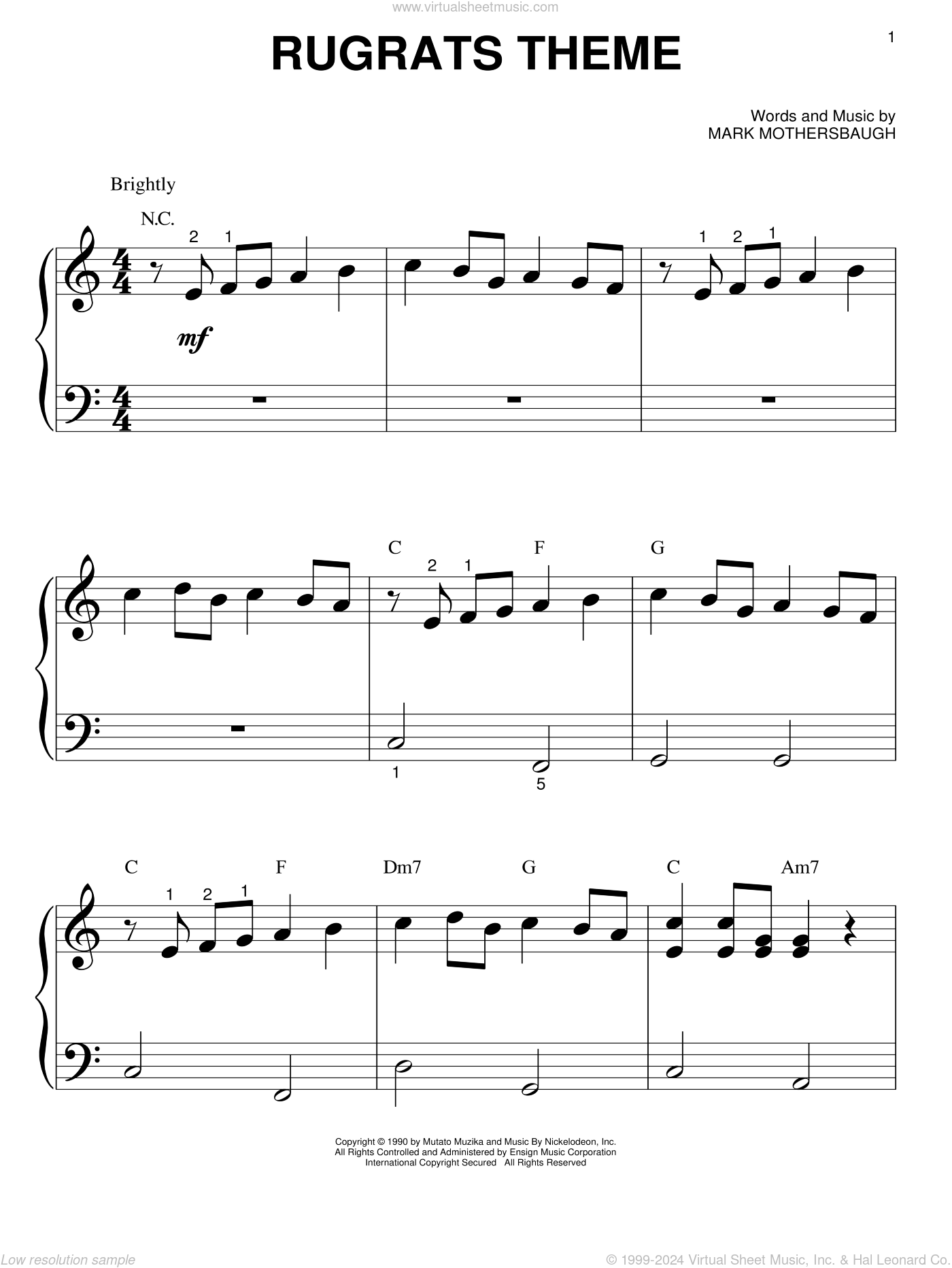 Rugrats Theme sheet music for piano solo (big note book) (PDF)