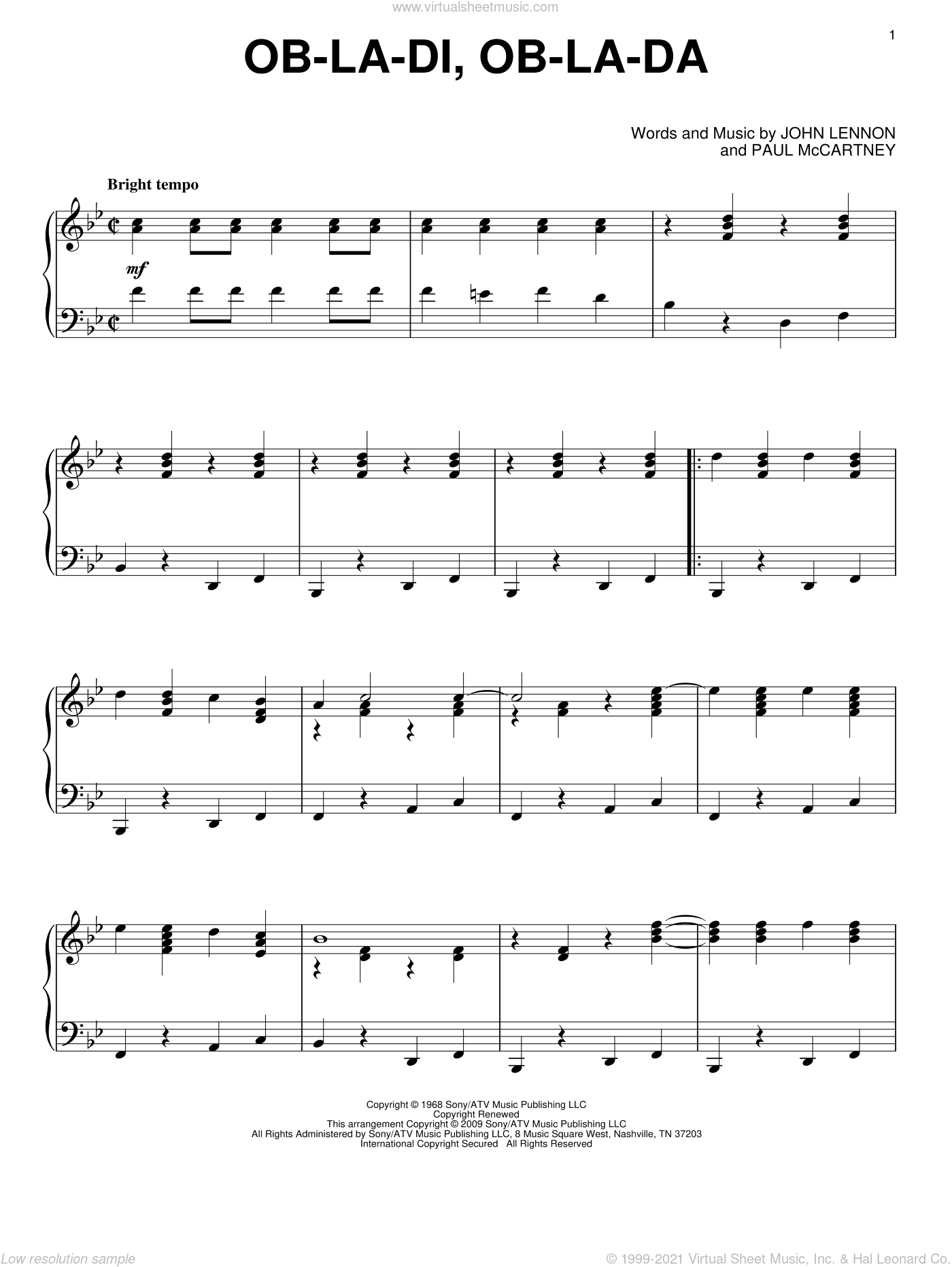 Beatles - Ob-La-Di, Ob-La-Da, (intermediate) sheet music for piano solo