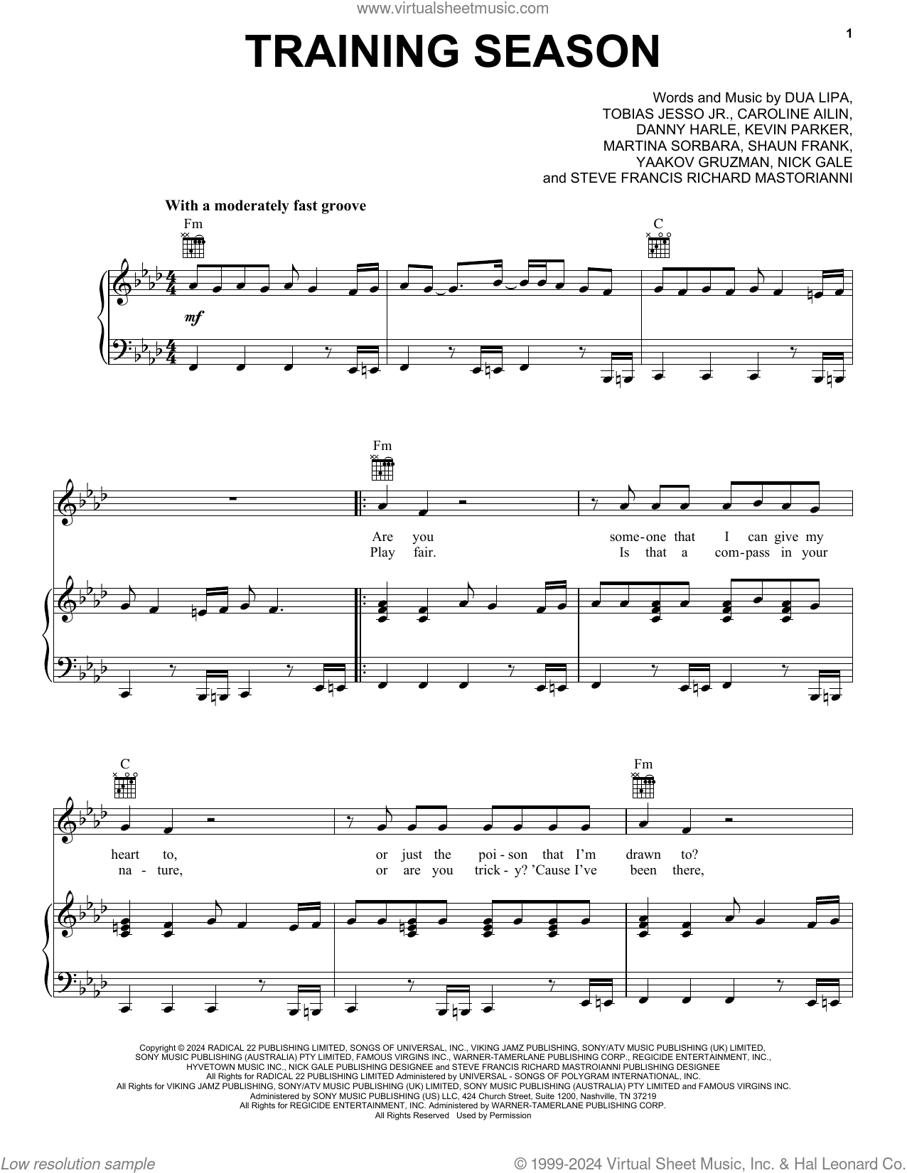 Training Season sheet music for voice, piano or guitar (PDF)