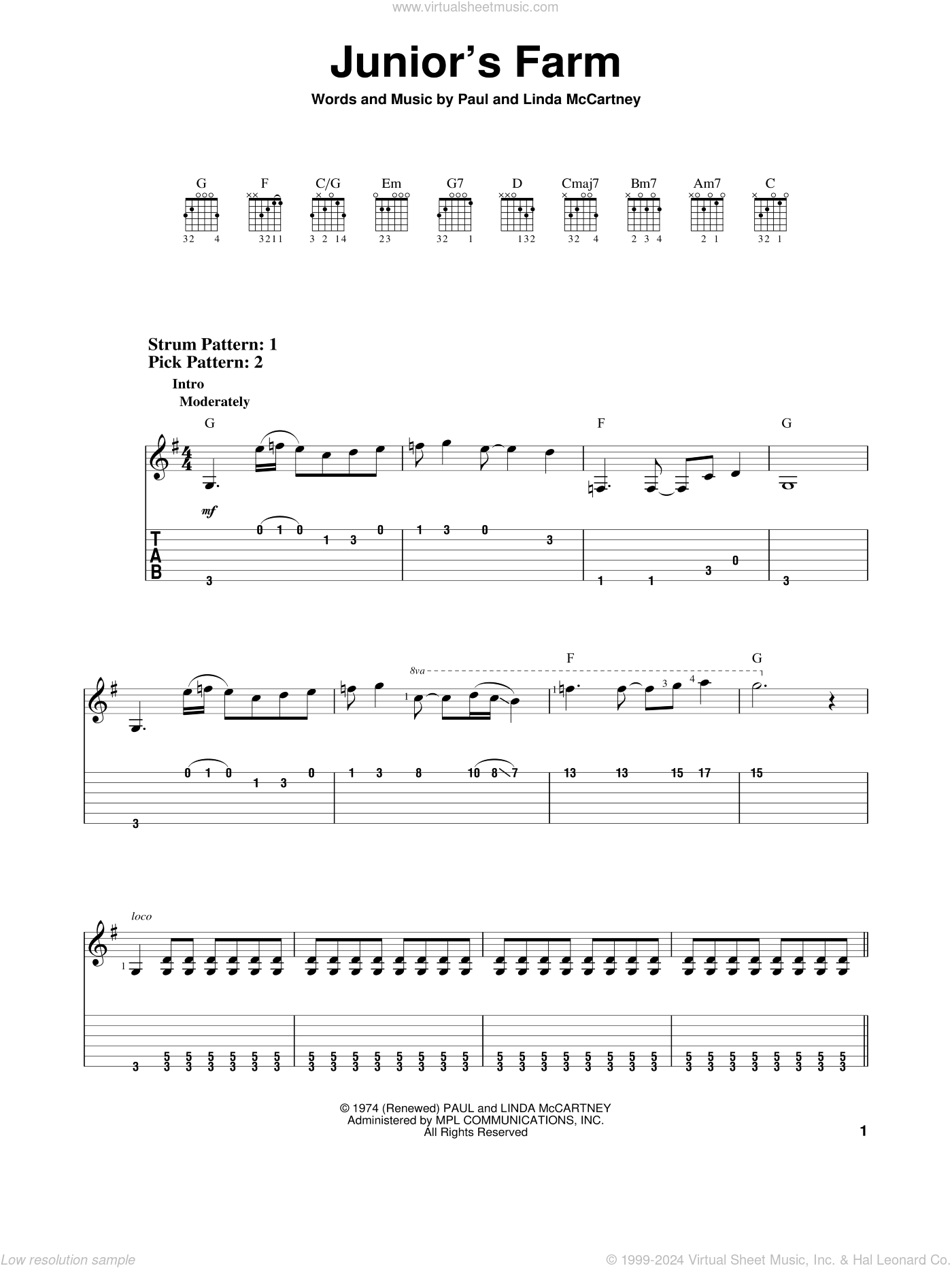 Junior's Farm sheet music for guitar solo (easy tablature) (PDF)