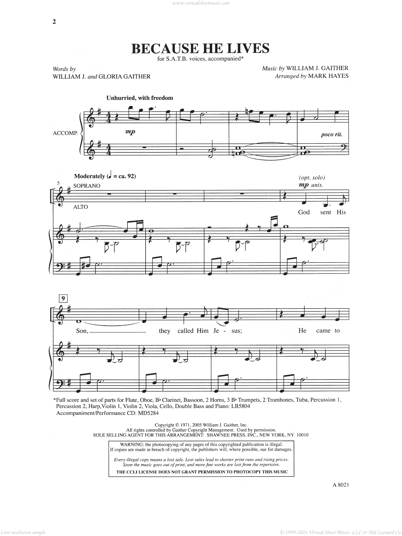 Because He Lives (arr. Mark Hayes) sheet music for choir (SATB: soprano ...