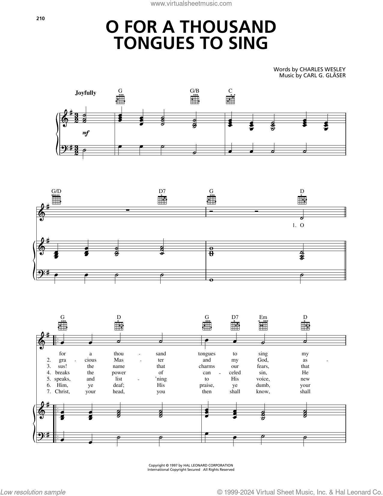 O For A Thousand Tongues To Sing sheet music for voice, piano or guitar