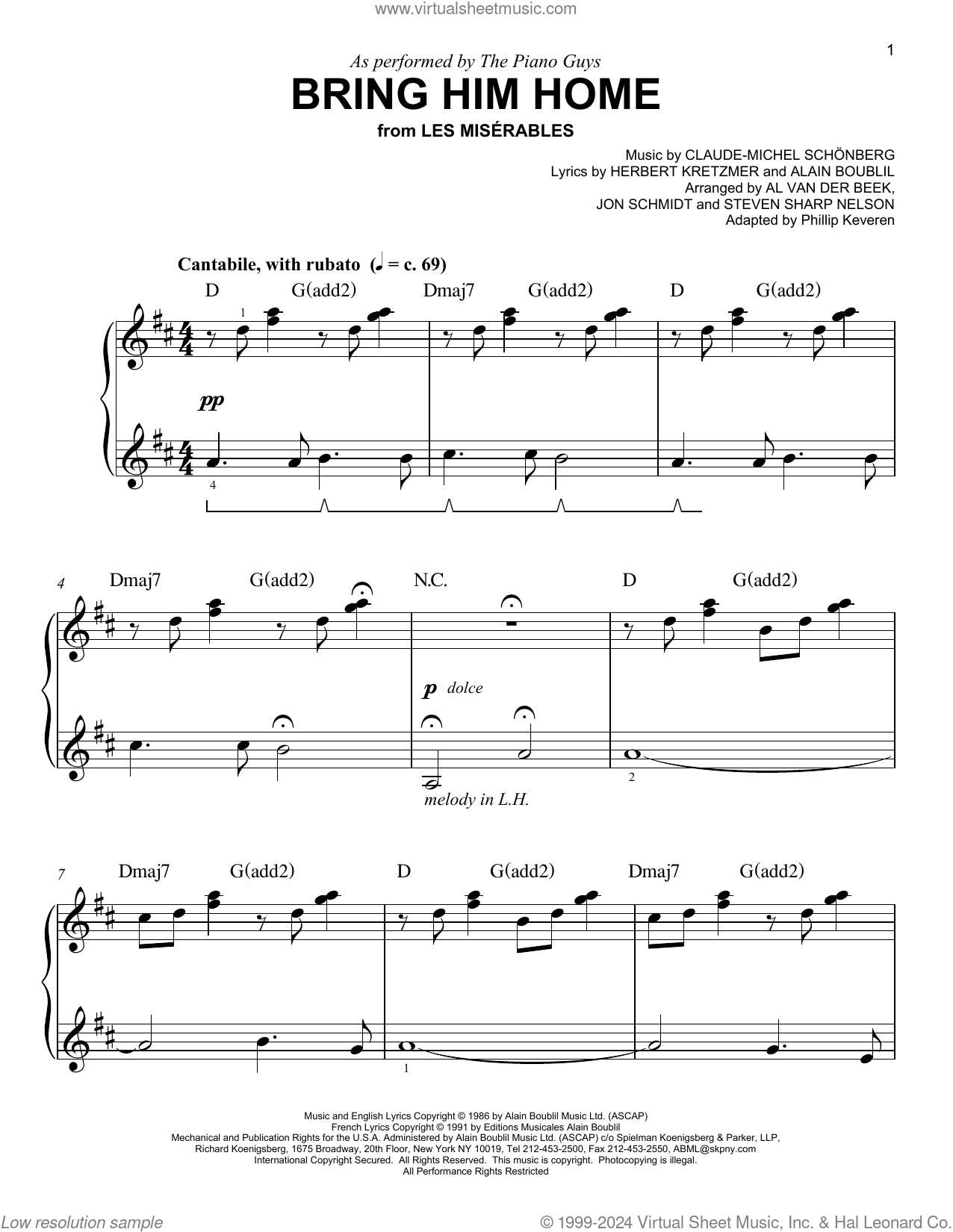 Bring Him Home (arr. Phillip Keveren) sheet music for piano solo