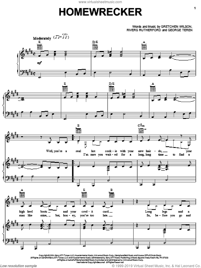 Homewrecker sheet music for voice, piano or guitar (PDF)