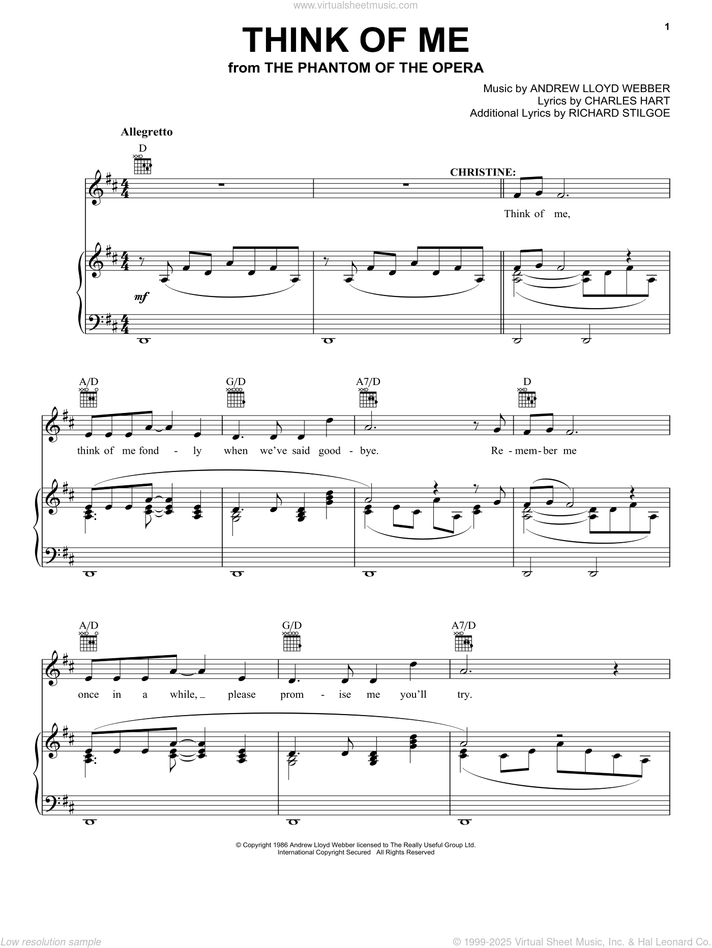 Think Of Me From The Phantom Of The Opera Sheet Music For Voice Piano Or Guitar 9542