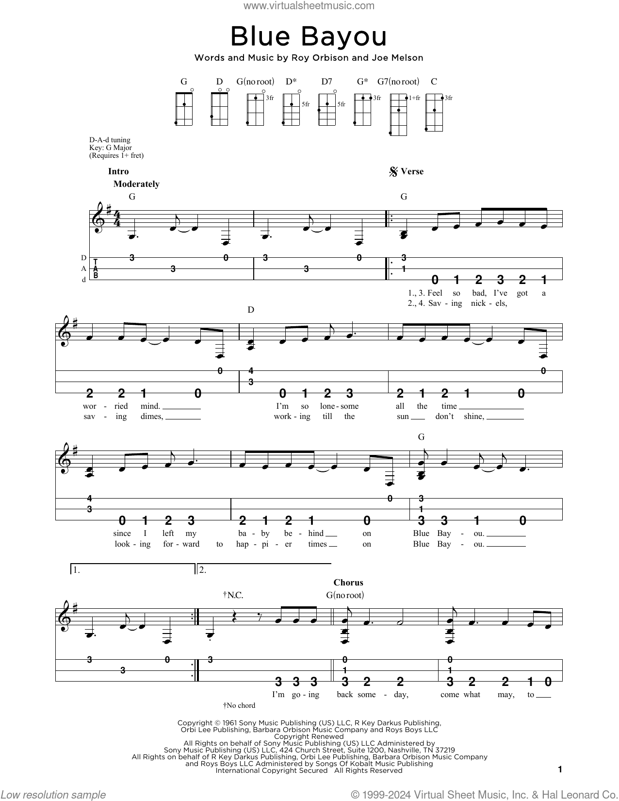 Blue Bayou sheet music for dulcimer solo (PDF)