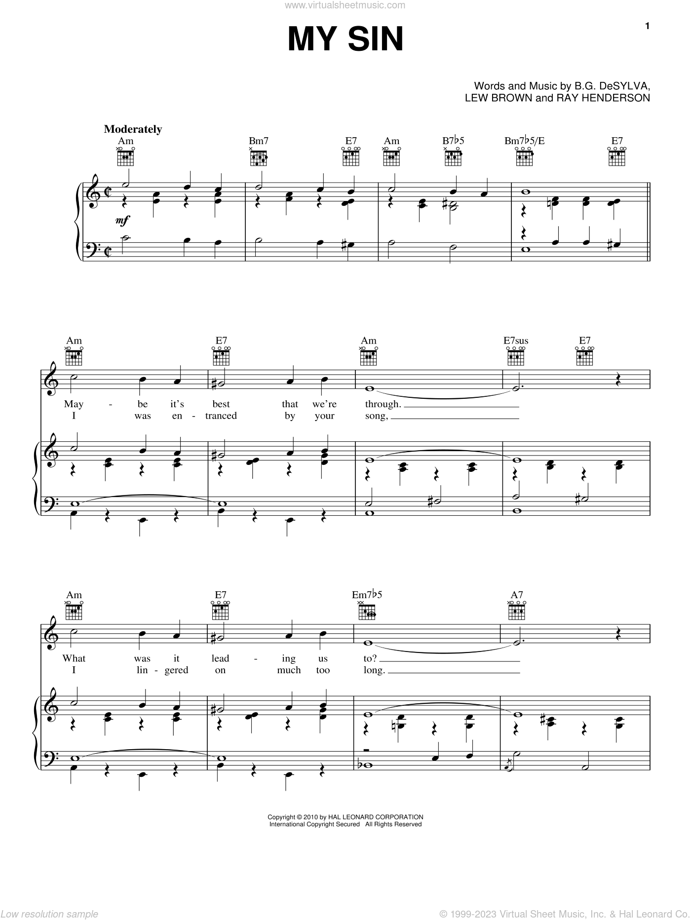 Desylva My Sin Sheet Music For Voice Piano Or Guitar Pdf - roblox piano songs easy sheet the buddy