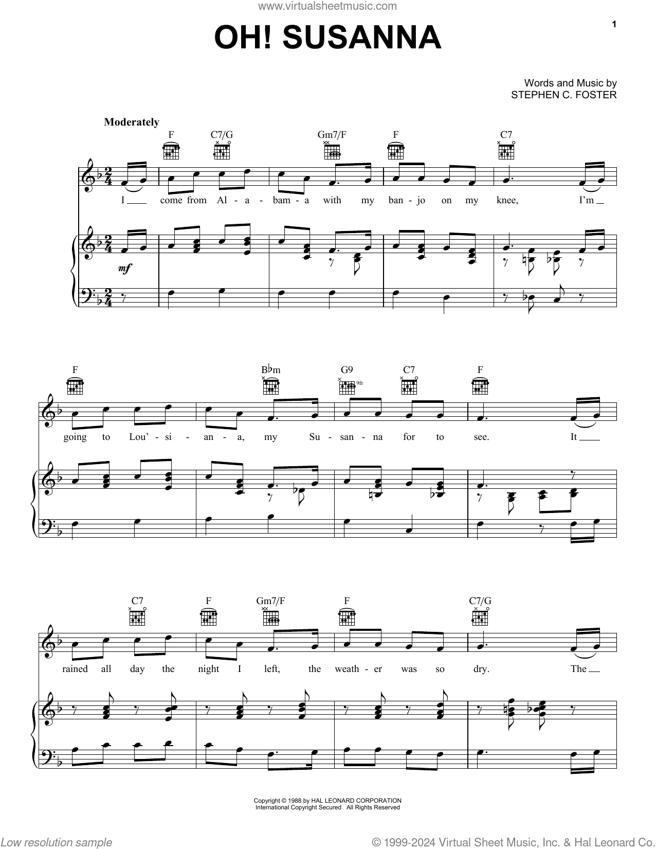 Stephen Foster: Oh! Susanna sheet music for voice, piano or guitar