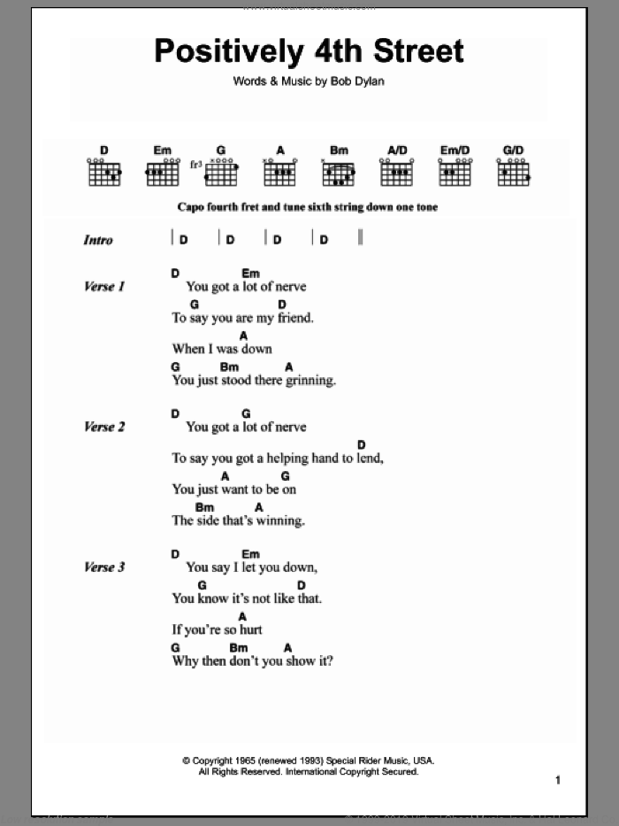 Positively 4th Street sheet music for guitar (chords) (PDF)