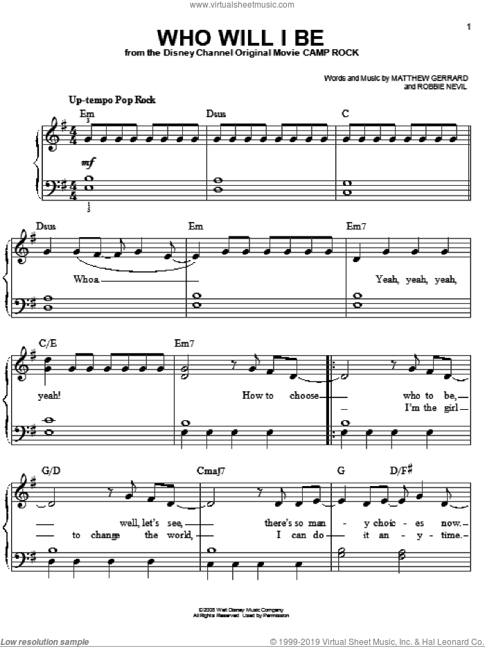 Who Will I Be (from Camp Rock) sheet music for piano solo (PDF)