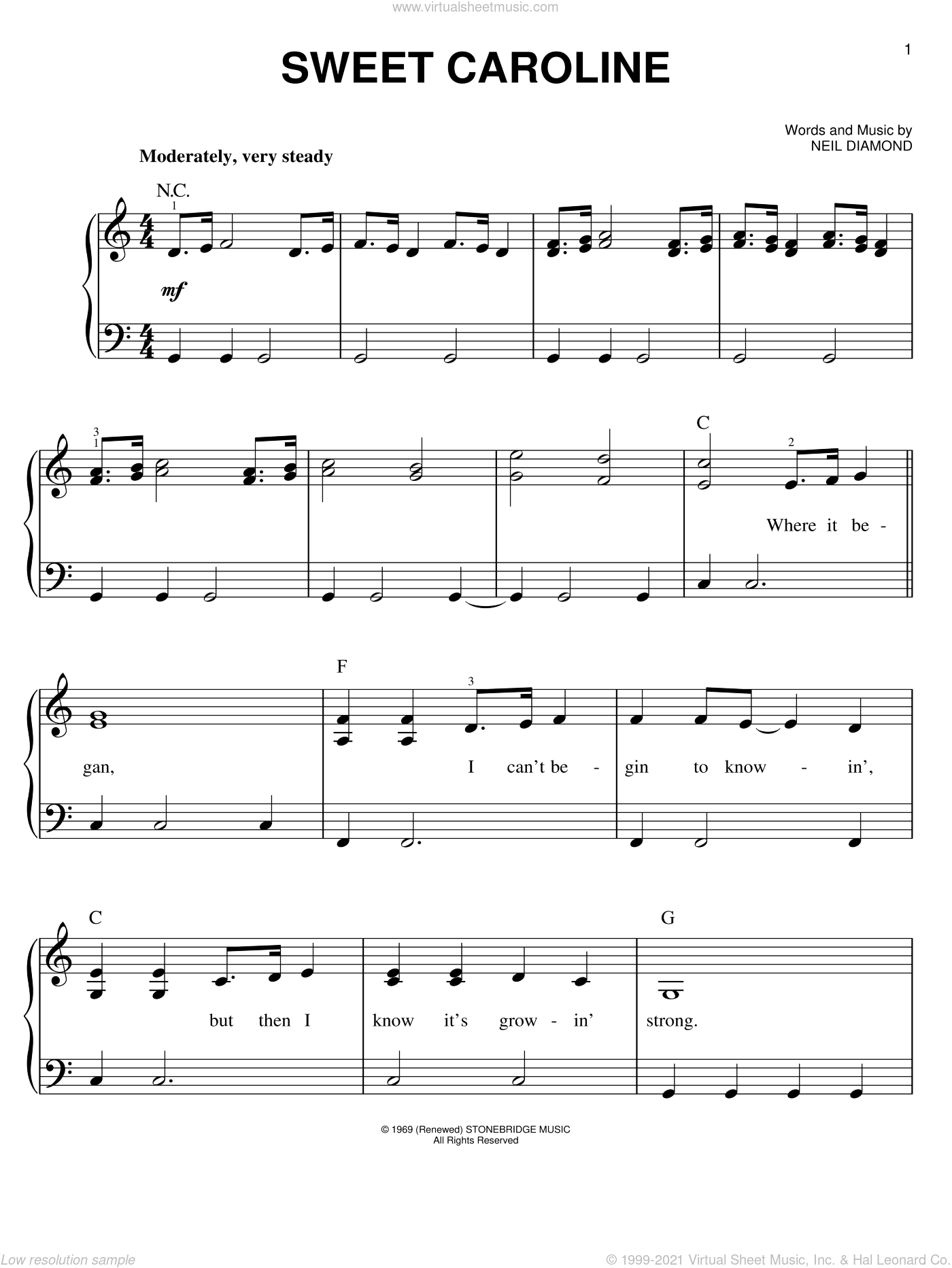 Sweet Caroline easy Sheet Music For Piano Solo PDF 