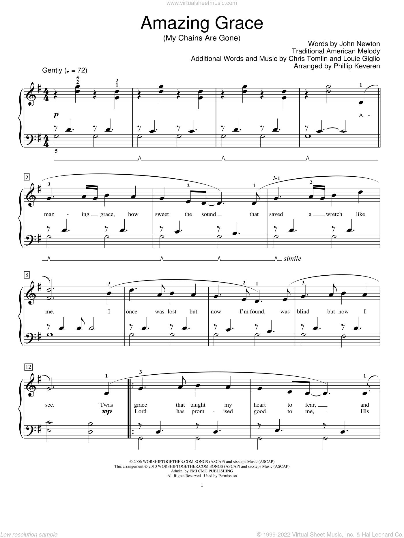 Tomlin - Amazing Grace (My Chains Are Gone) sheet music (beginner) for