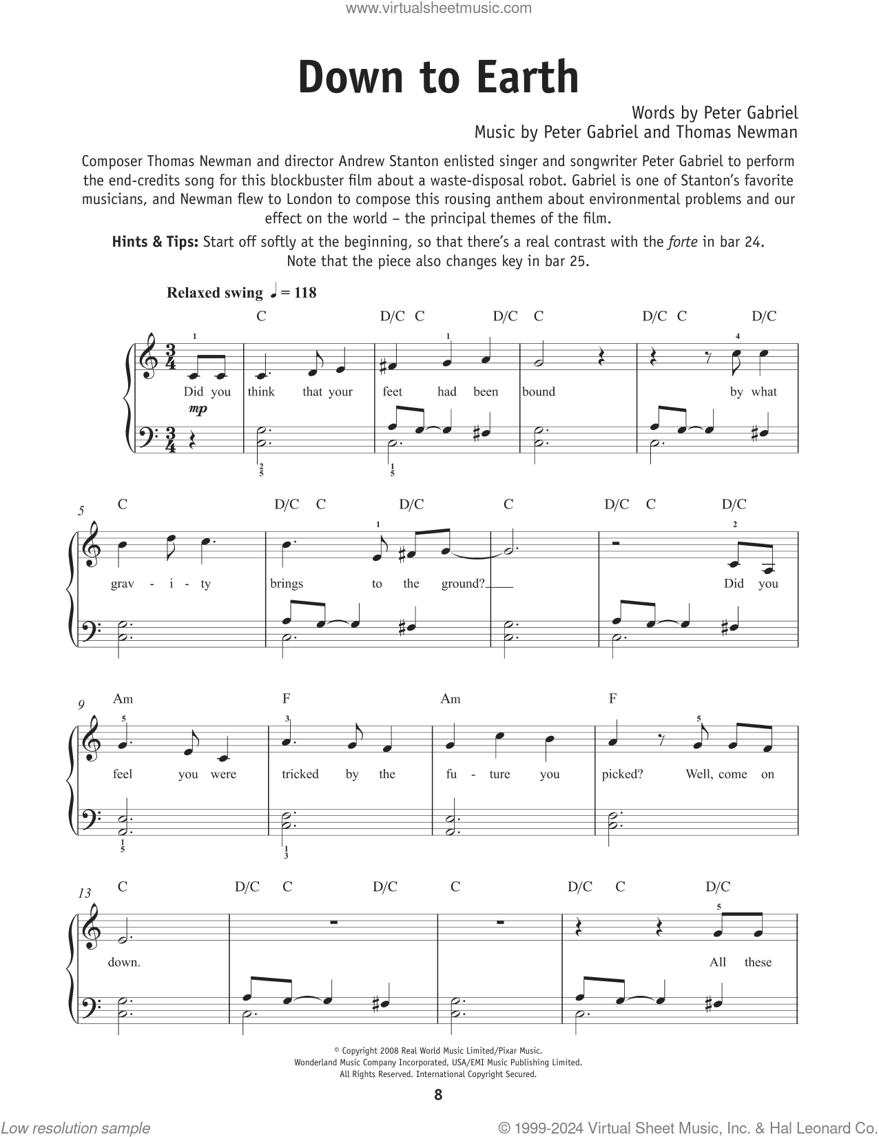 Down To Earth (from WALLE) sheet music for piano solo (PDF)