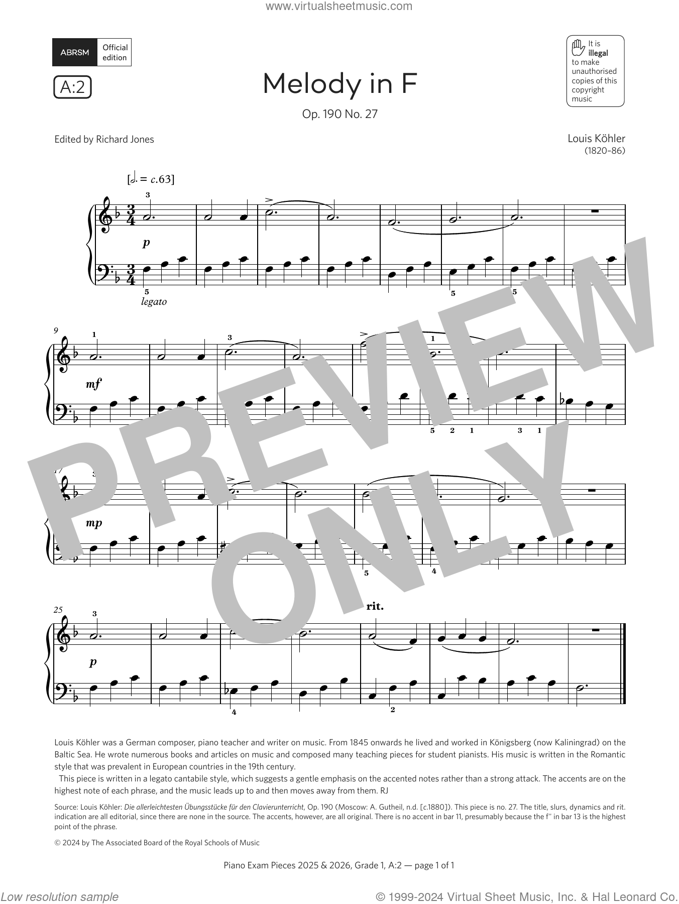 Melody in F (Grade 1, list A2, from the ABRSM Piano Syllabus 2025 and ...