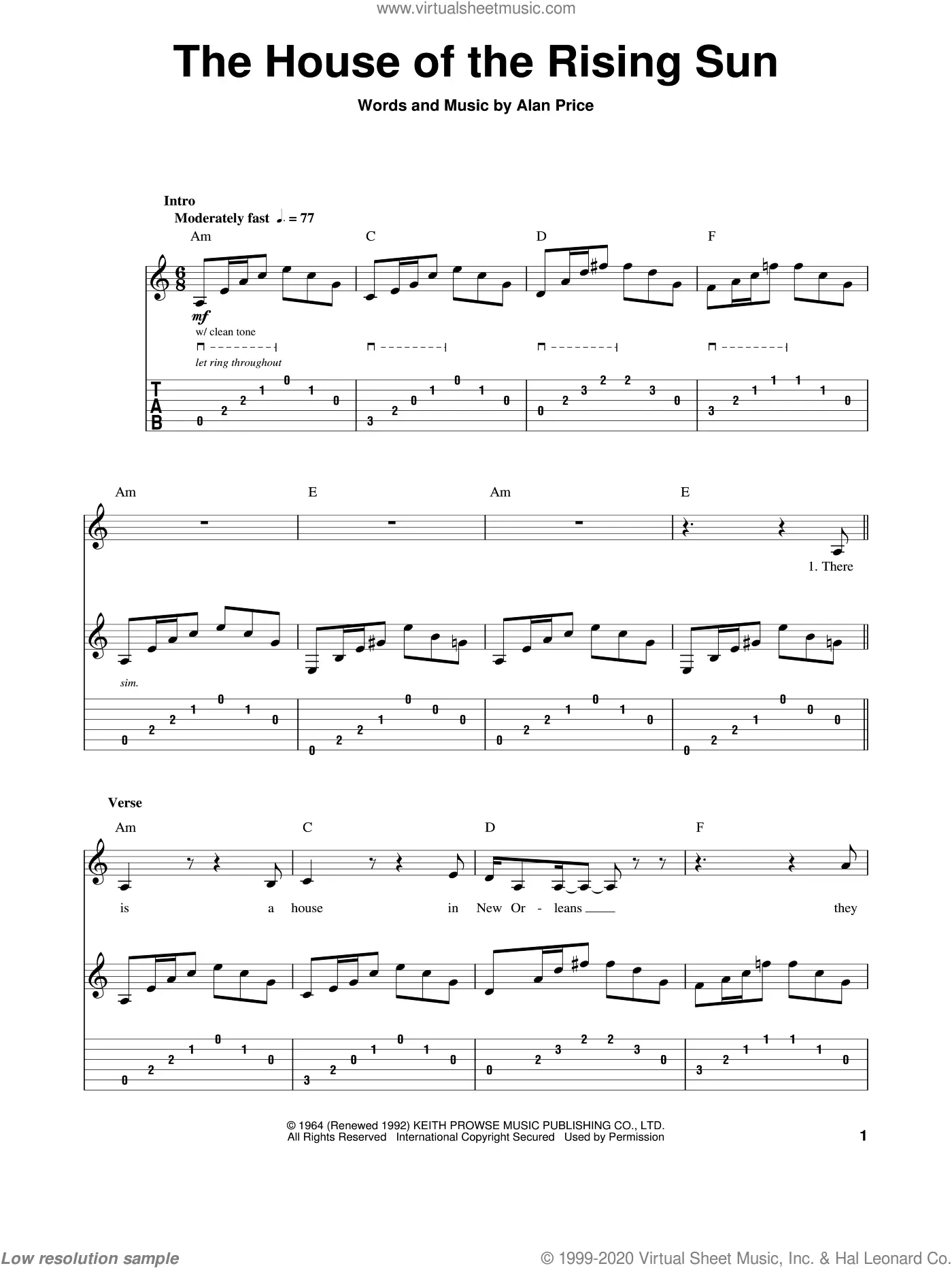 $8.97. Instantly printable sheet music by The Animals for guitar (tablature...