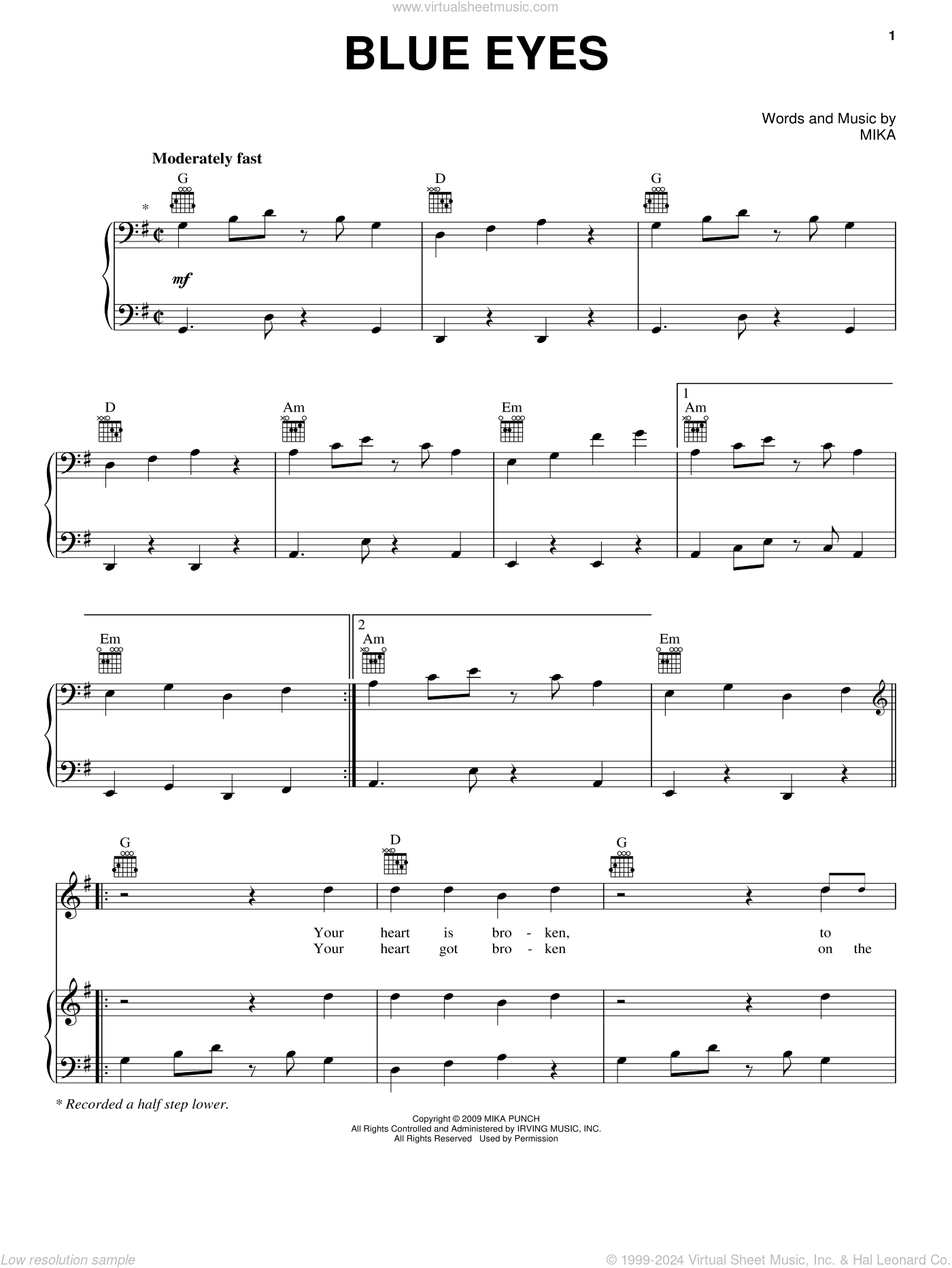 Mika: Blue Eyes sheet music for voice, piano or guitar (PDF)