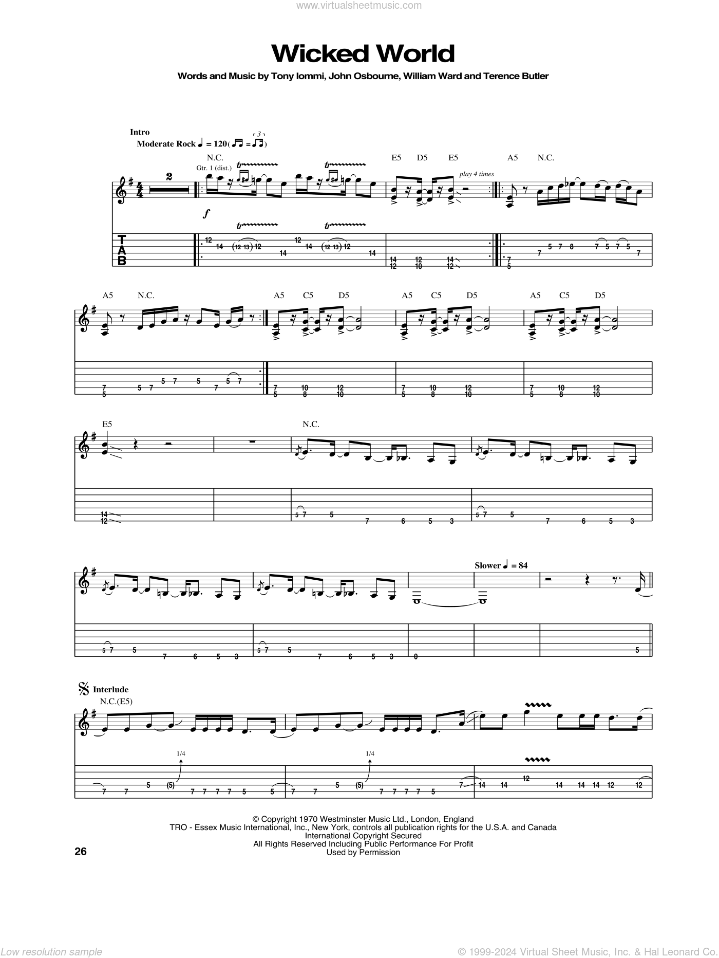 Wicked World sheet music for guitar (tablature) (PDF)