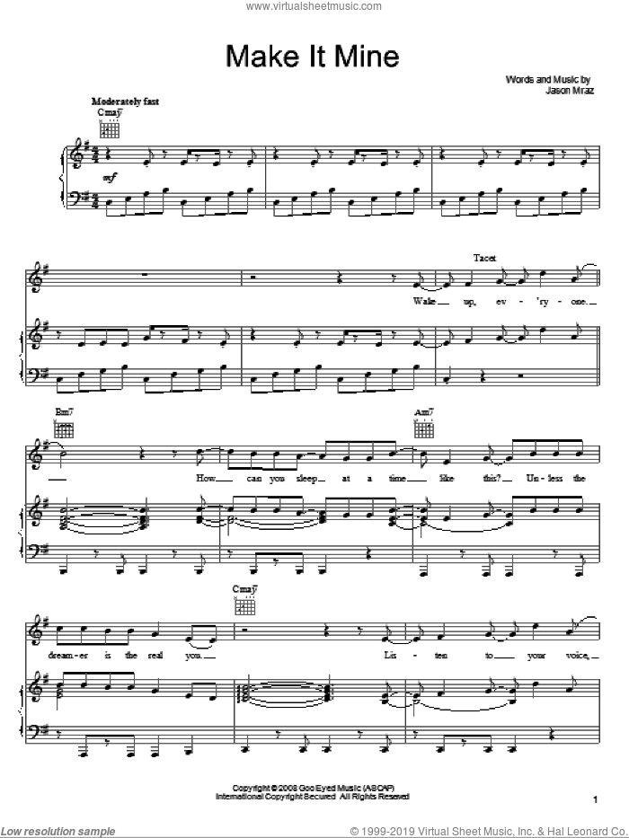 Mraz Make It Mine Sheet Music For Voice Piano Or Guitar Pdf