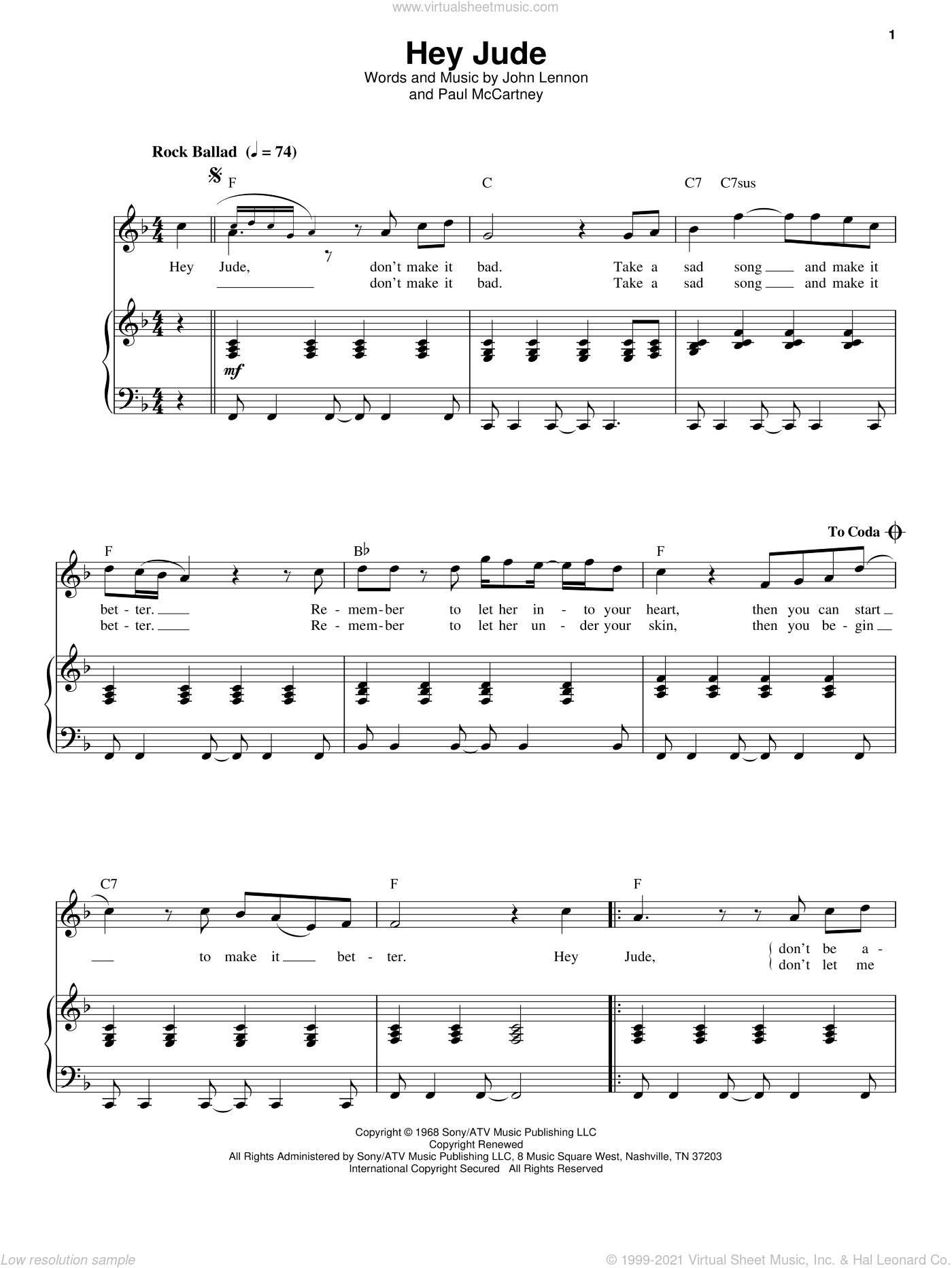 Hey Jude Sheet Music For Voice And Piano (Pdf) V2