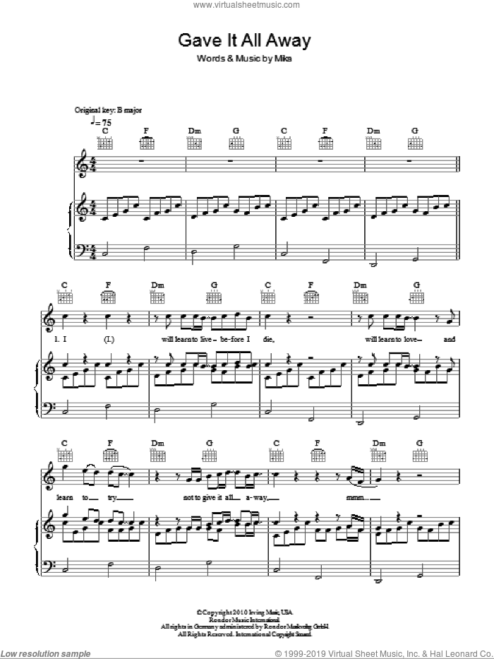 Gave It All Away sheet music for voice, piano or guitar (PDF)