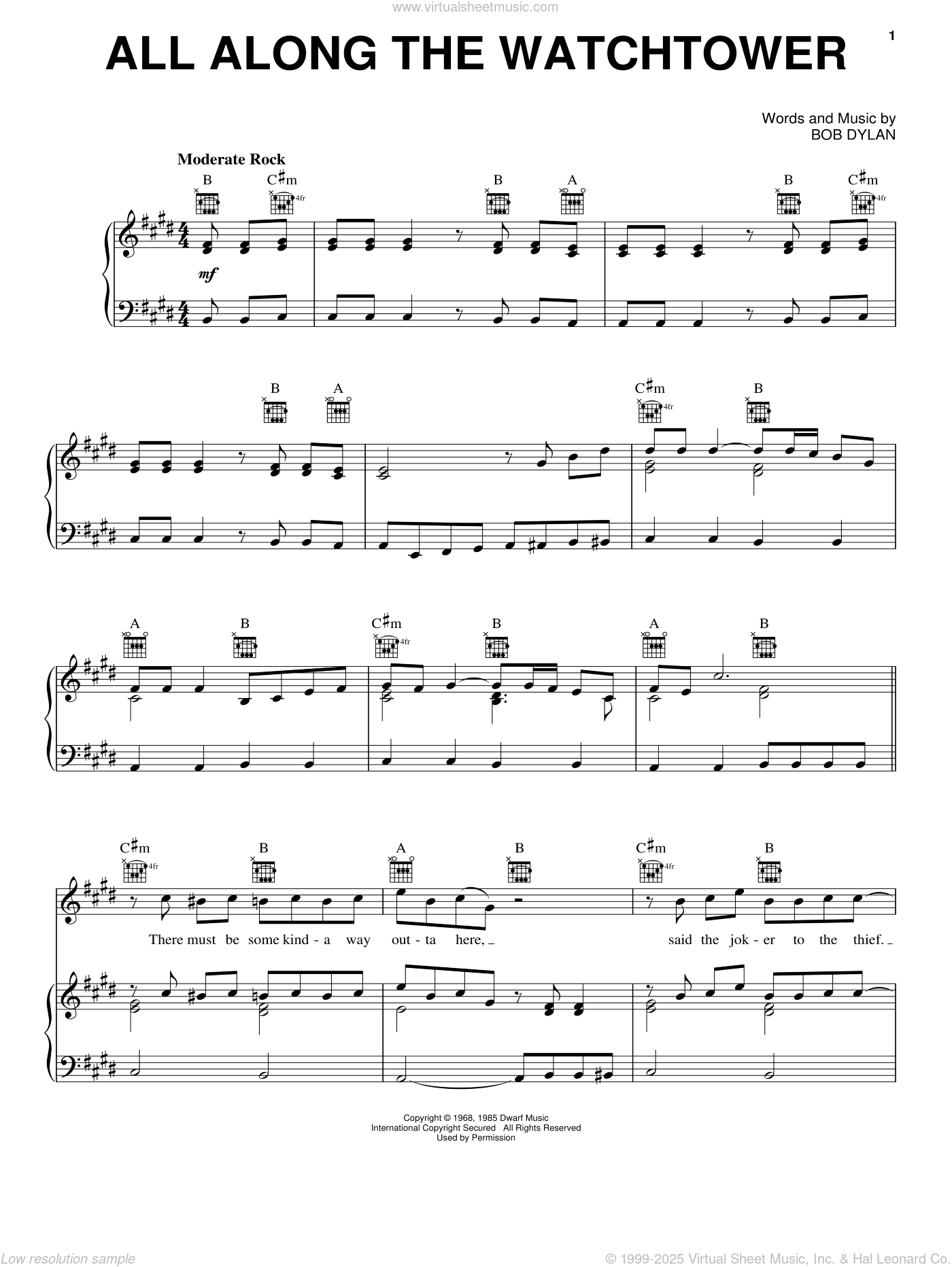 Hendrix All Along The Watchtower Sheet Music For Voice Piano Or Guitar