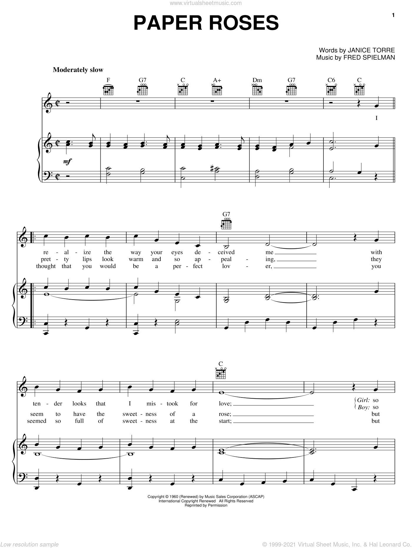 Anita Bryant: Paper Roses sheet music for voice, piano or guitar