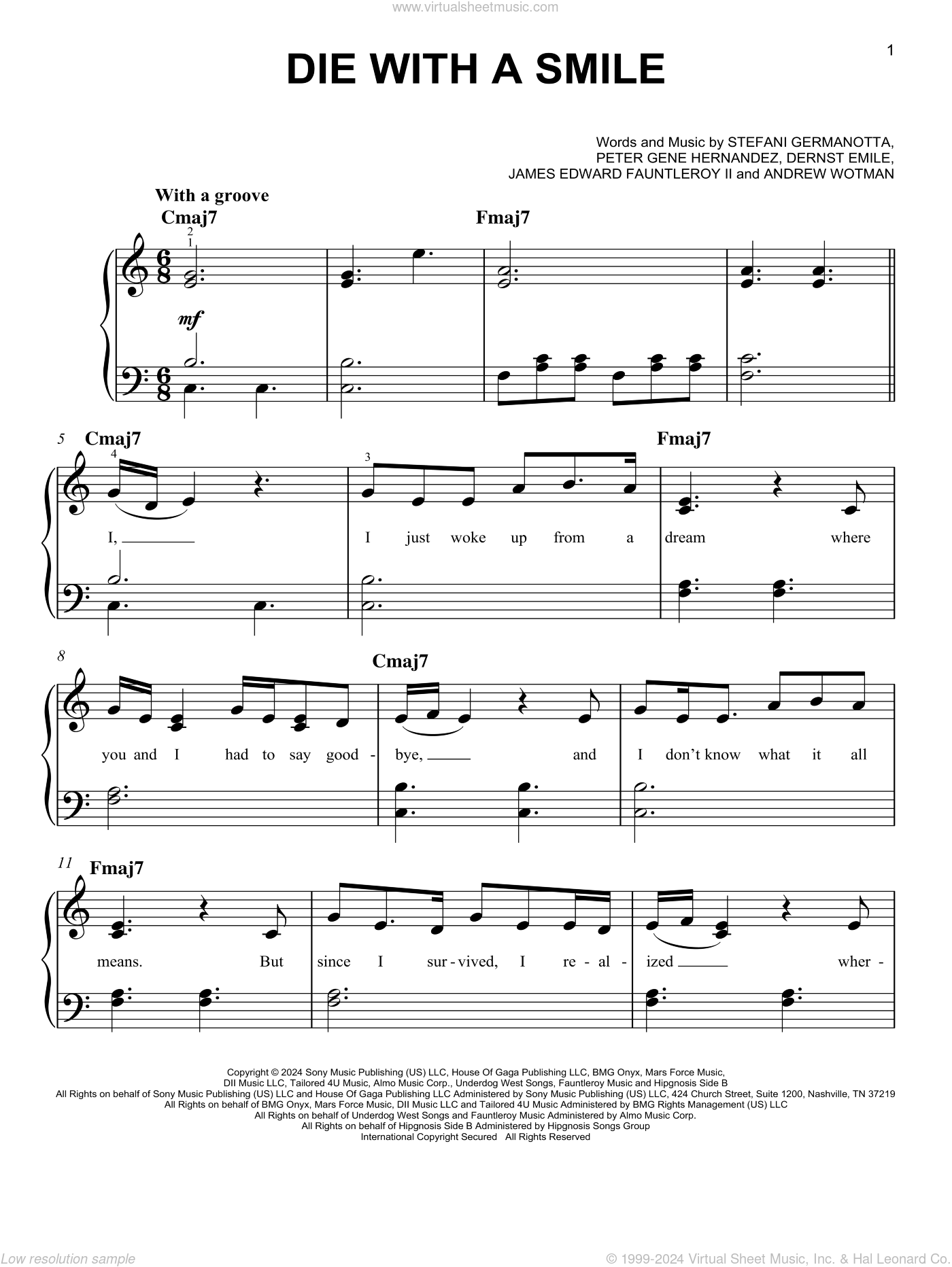 Die With A Smile, (easy) sheet music for piano solo (PDF)