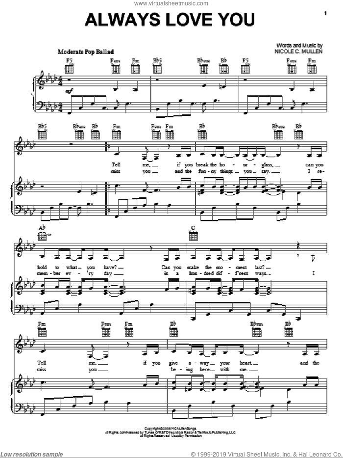 Always Love You sheet music for voice, piano or guitar (PDF)