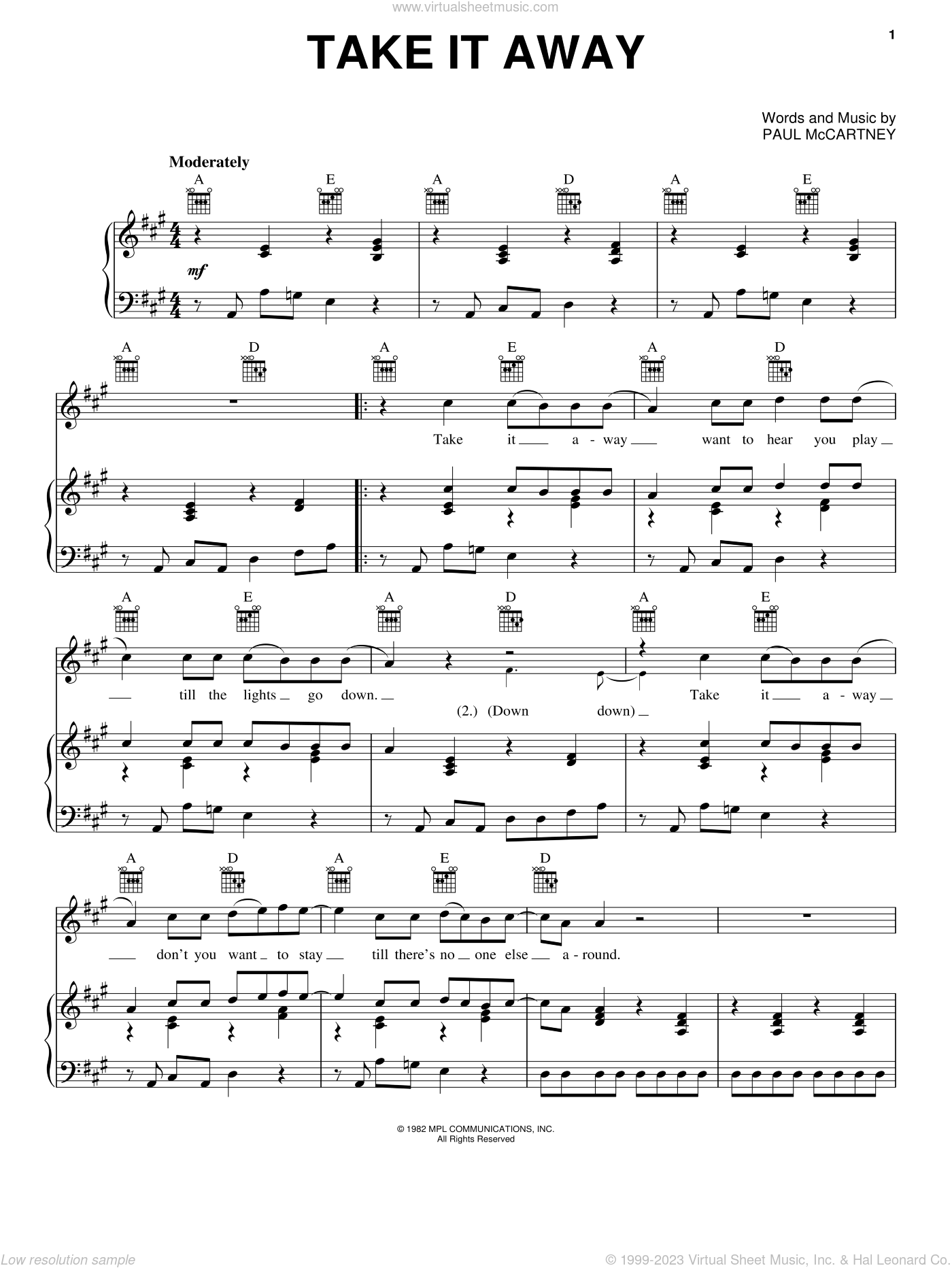 Take It Away sheet music for voice, piano or guitar (PDF)