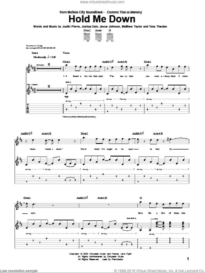Hold Me Down sheet music for guitar (tablature) (PDF)