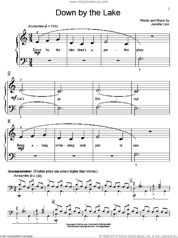 Down By The Lake sheet music for piano solo (elementary) (PDF)