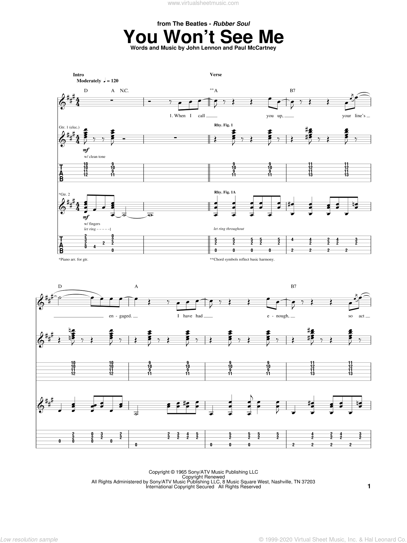 You Won T See Me Sheet Music For Guitar Tablature PDF