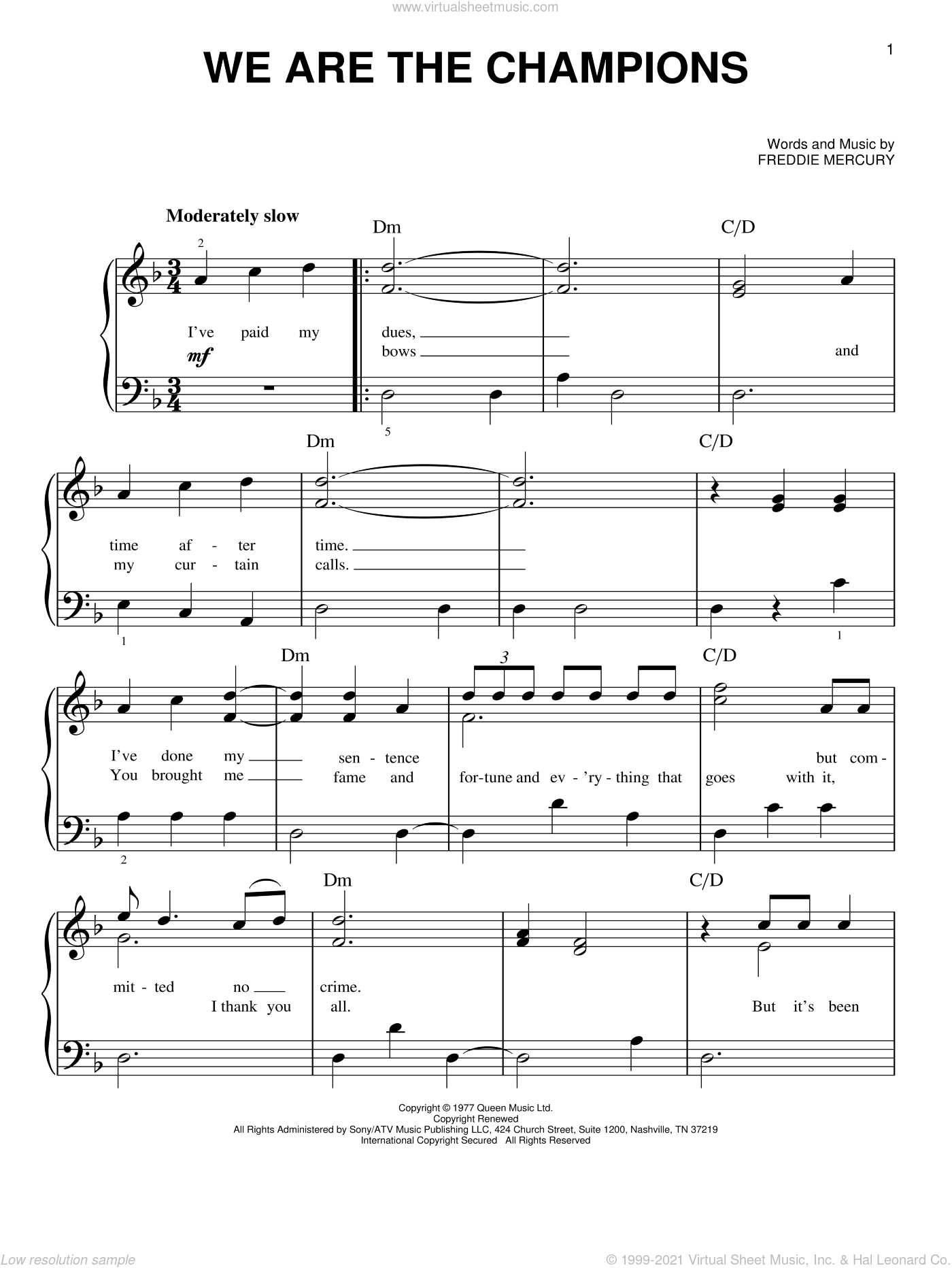 Queen We Are The Champions Beginner Sheet Music For Piano Solo