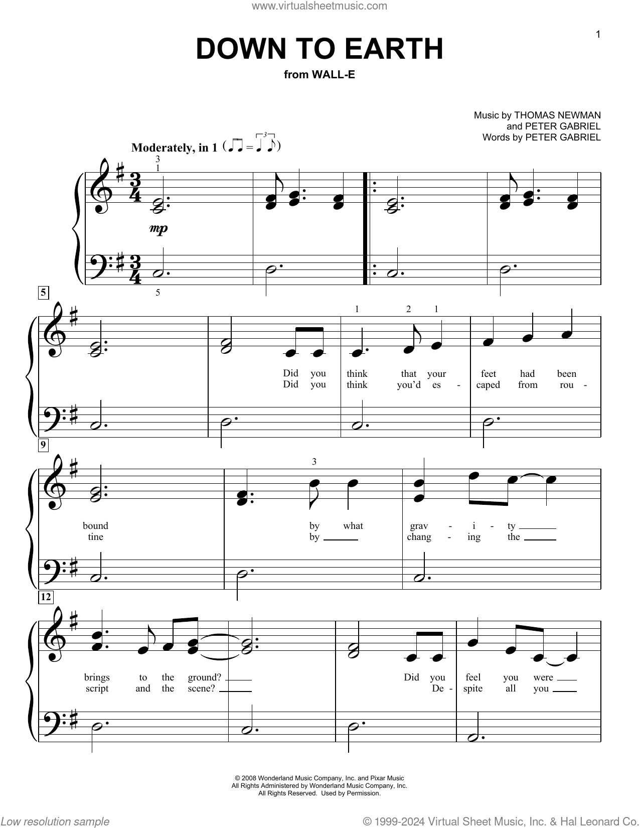 Down To Earth (from WALLE) sheet music for piano solo (big note book)