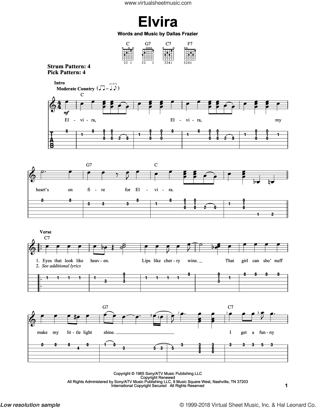 Elvira sheet music for guitar solo (easy tablature) v2