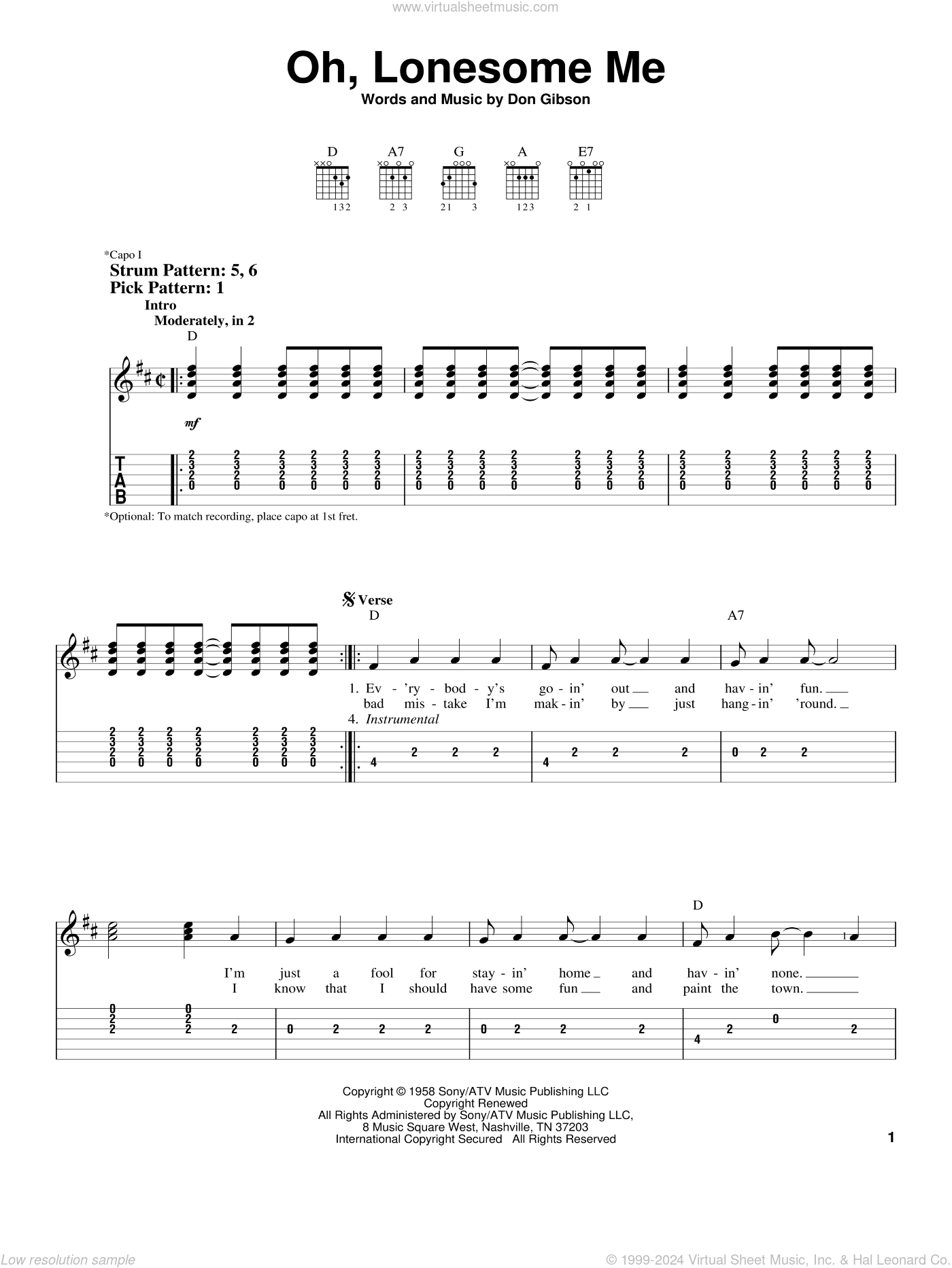 Oh, Lonesome Me sheet music (easy) for guitar solo (easy tablature)