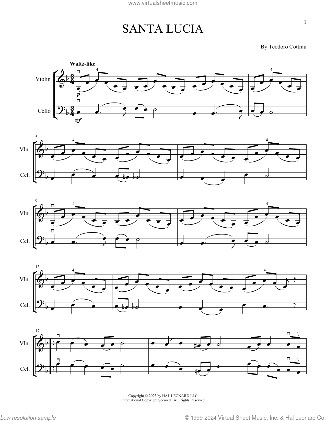 Santa Lucia (arr. Michelle Hynson) sheet music for instrumental duet