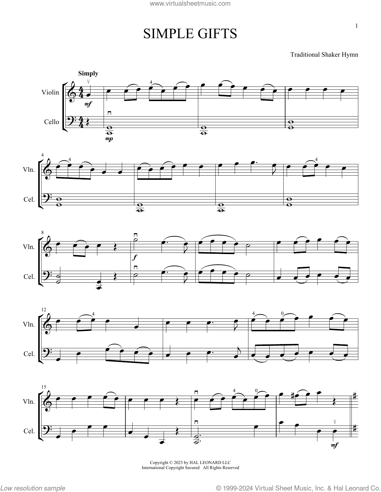 Simple Gifts (arr. Michelle Hynson) sheet music for instrumental duet