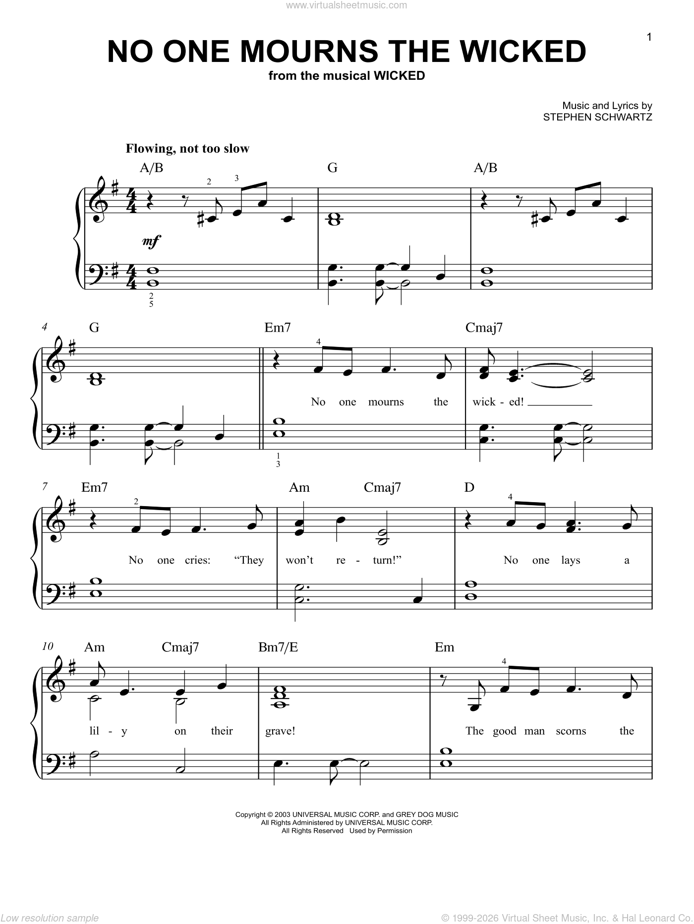 No One Mourns The Wicked (from Wicked), (easy) sheet music for piano solo