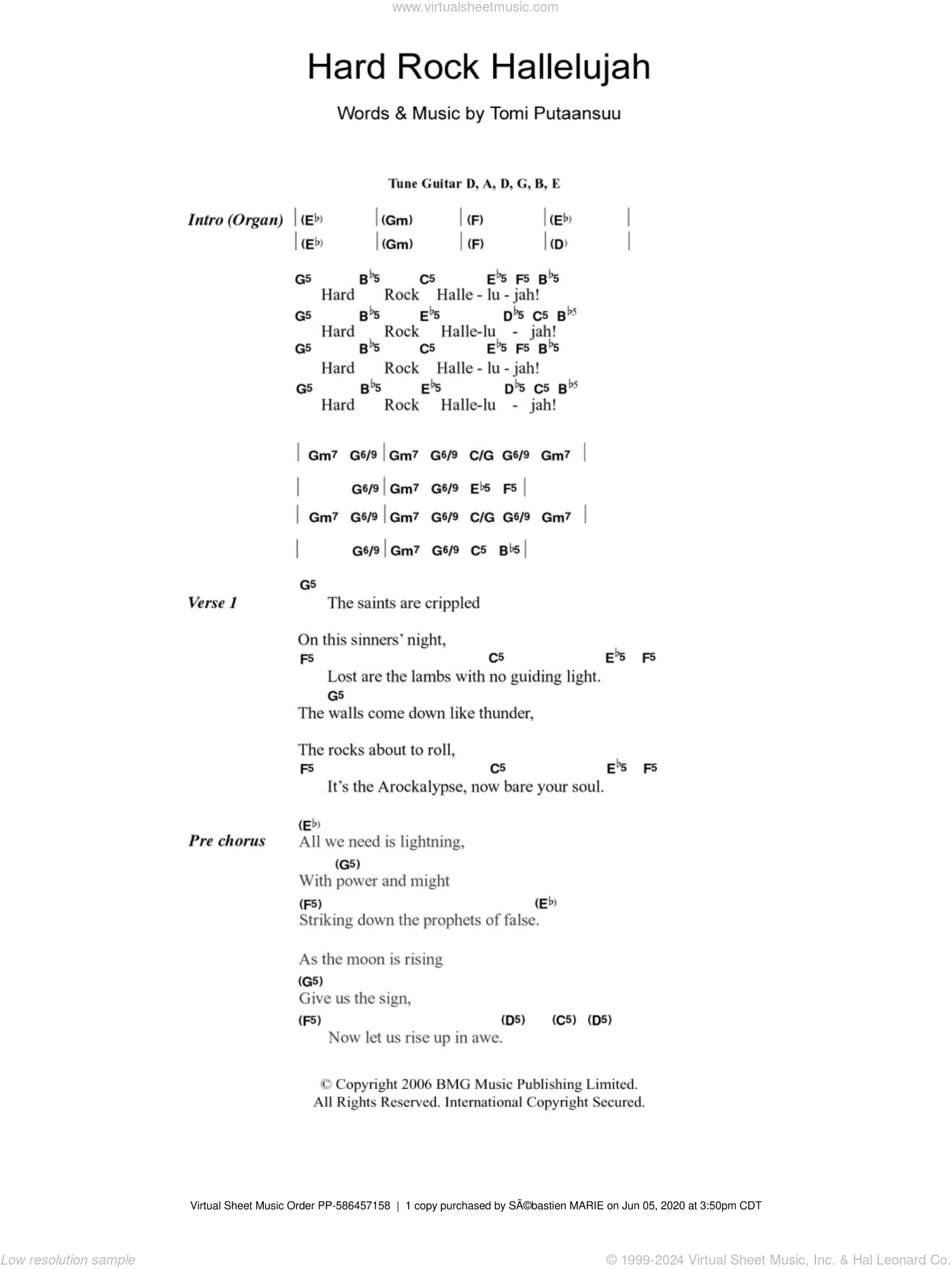 Lordi - Hard Rock Hallelujah sheet music for guitar (chords)