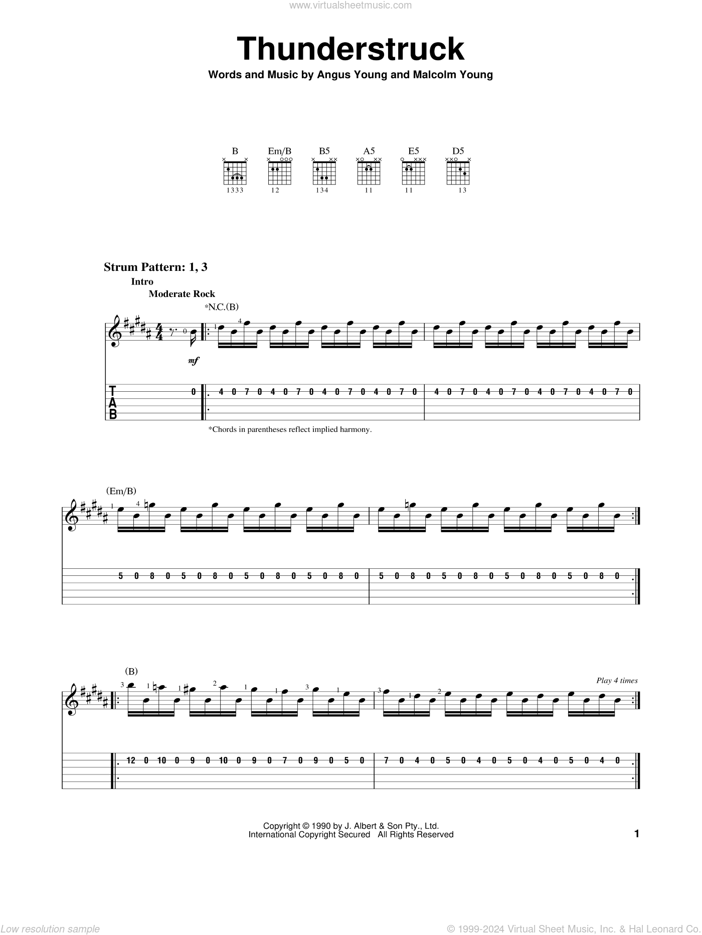 Thunderstruck sheet music for solo (easy tablature) (PDF)