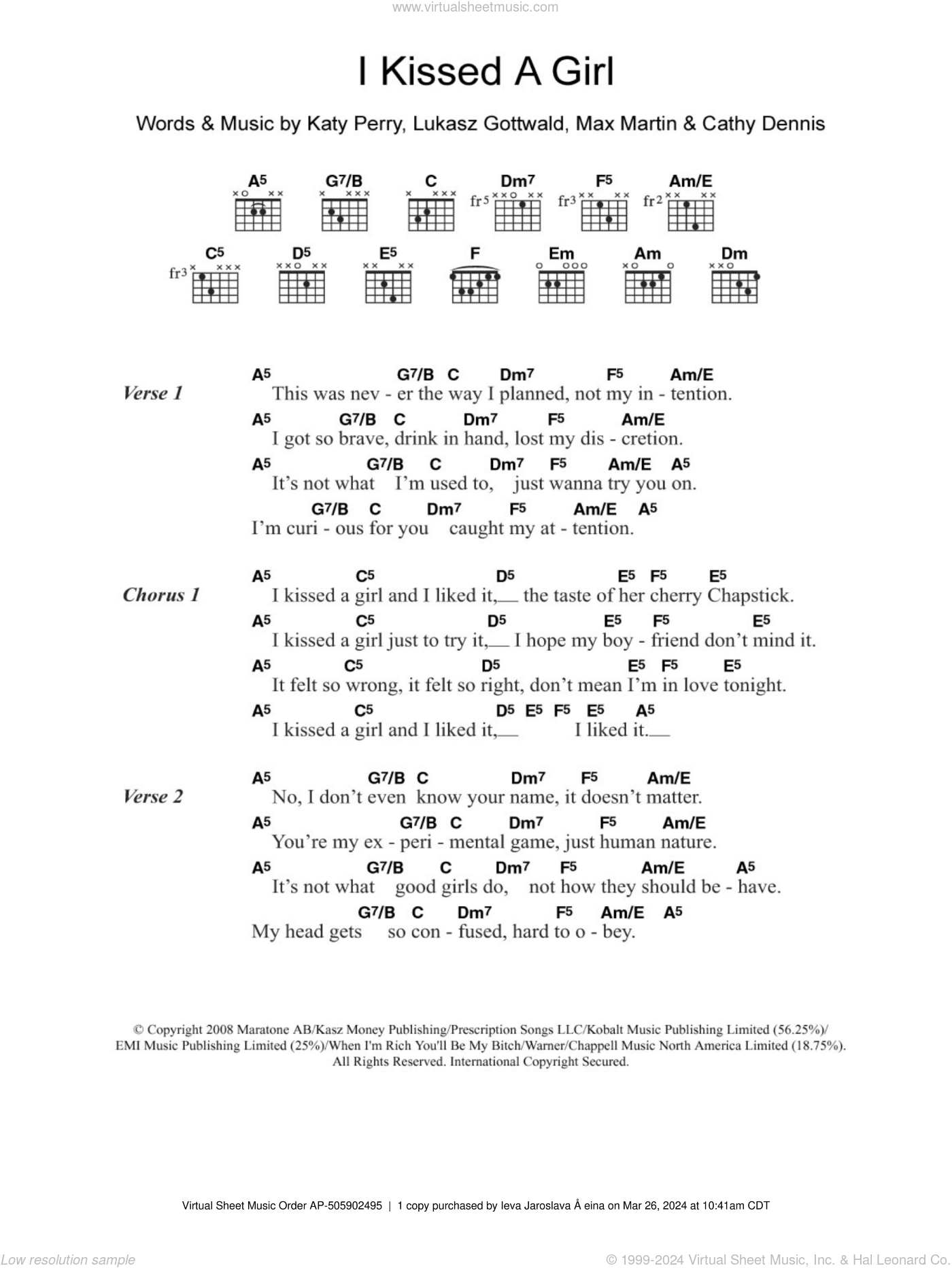 Digital sheet music for guitar (chords) NOTE: guitar chords only, lyrics an...