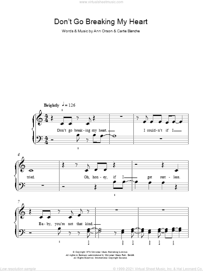 John Dont Go Breaking My Heart Sheet Music Easy For Piano Solo