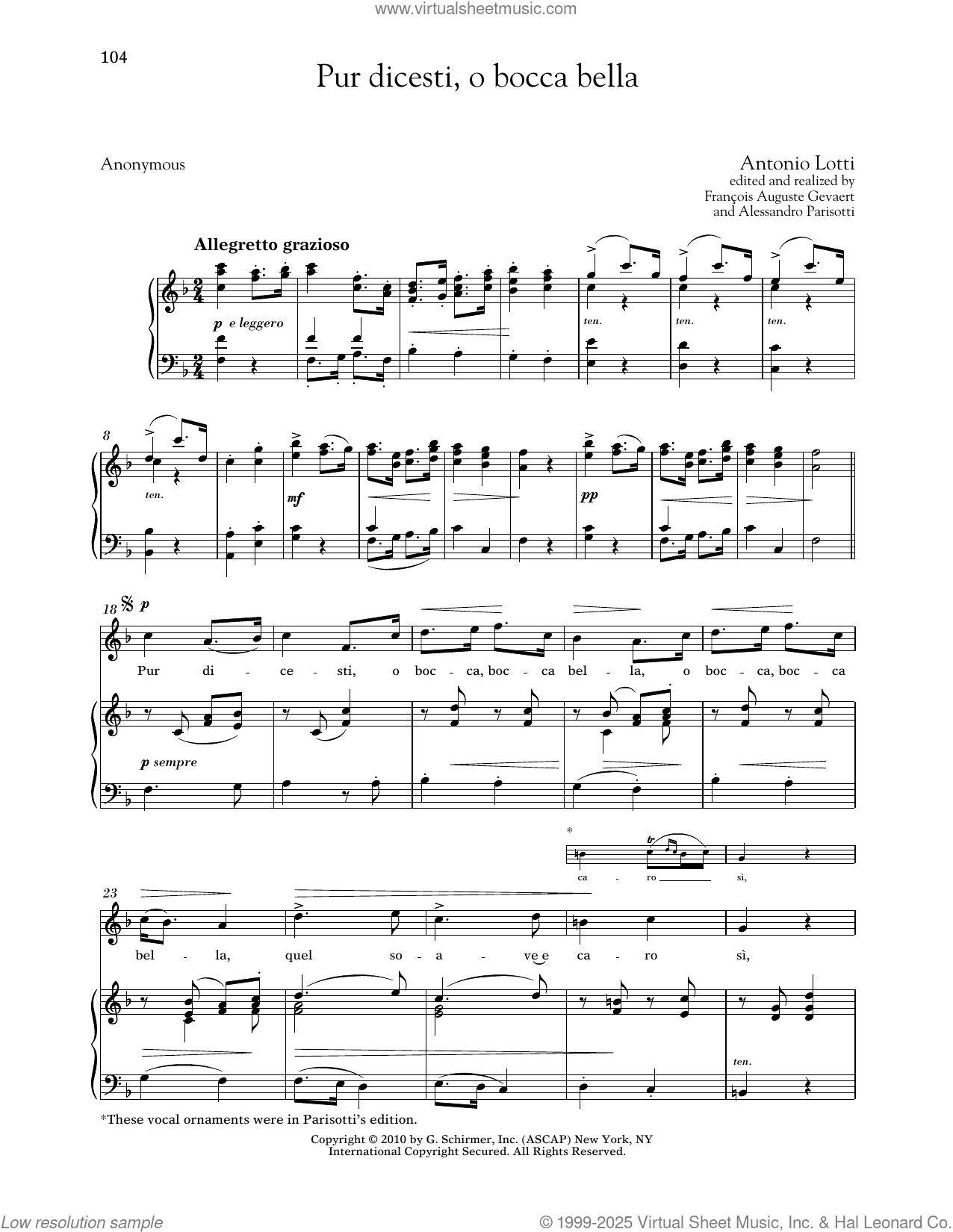 Pur Dicesti O Bocca Bella High Voice Sheet Music For Voice And Piano 