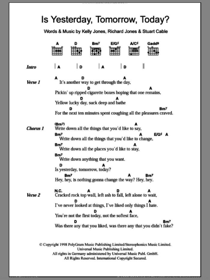 Stereophonics Is Yesterday Tomorrow Today Sheet Music For Guitar Chords