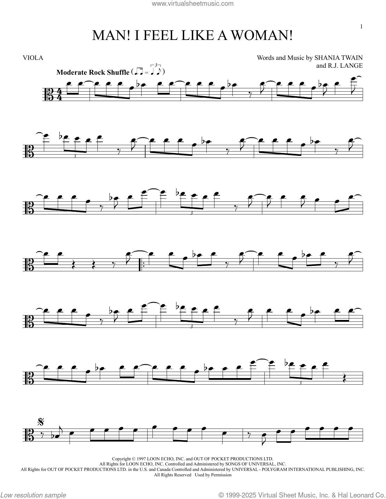 Man! I Feel Like A Woman! sheet music for viola solo (PDF)