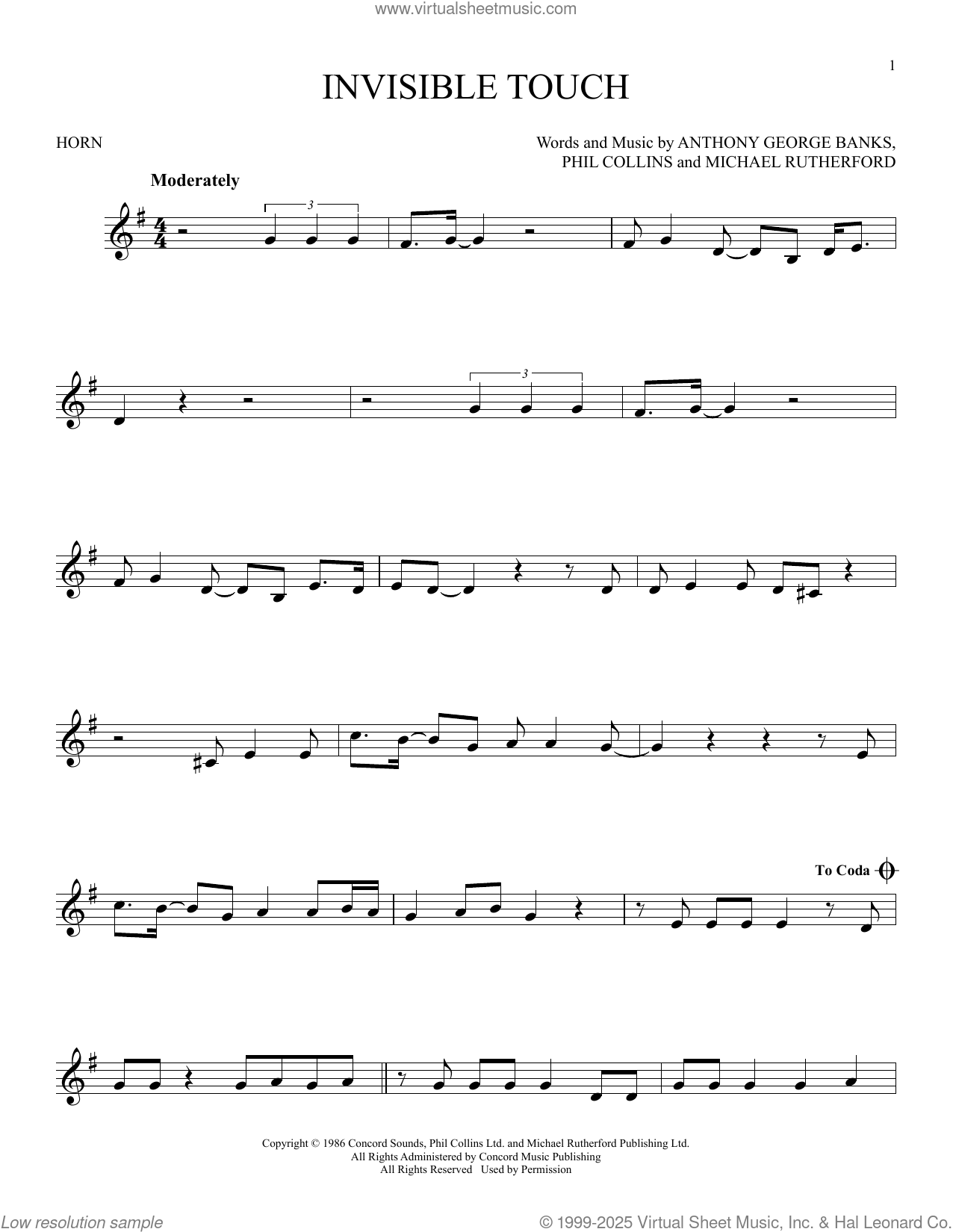 Invisible Touch sheet music for horn solo (PDF-interactive)